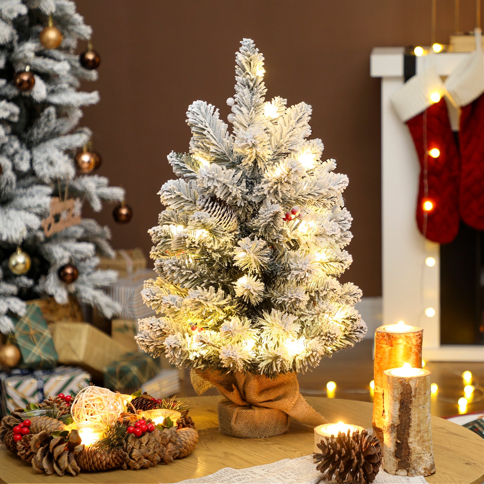 60 Cm Prelit Small Christmas Tree, Snow Flocked Tabletop Xmas Tree