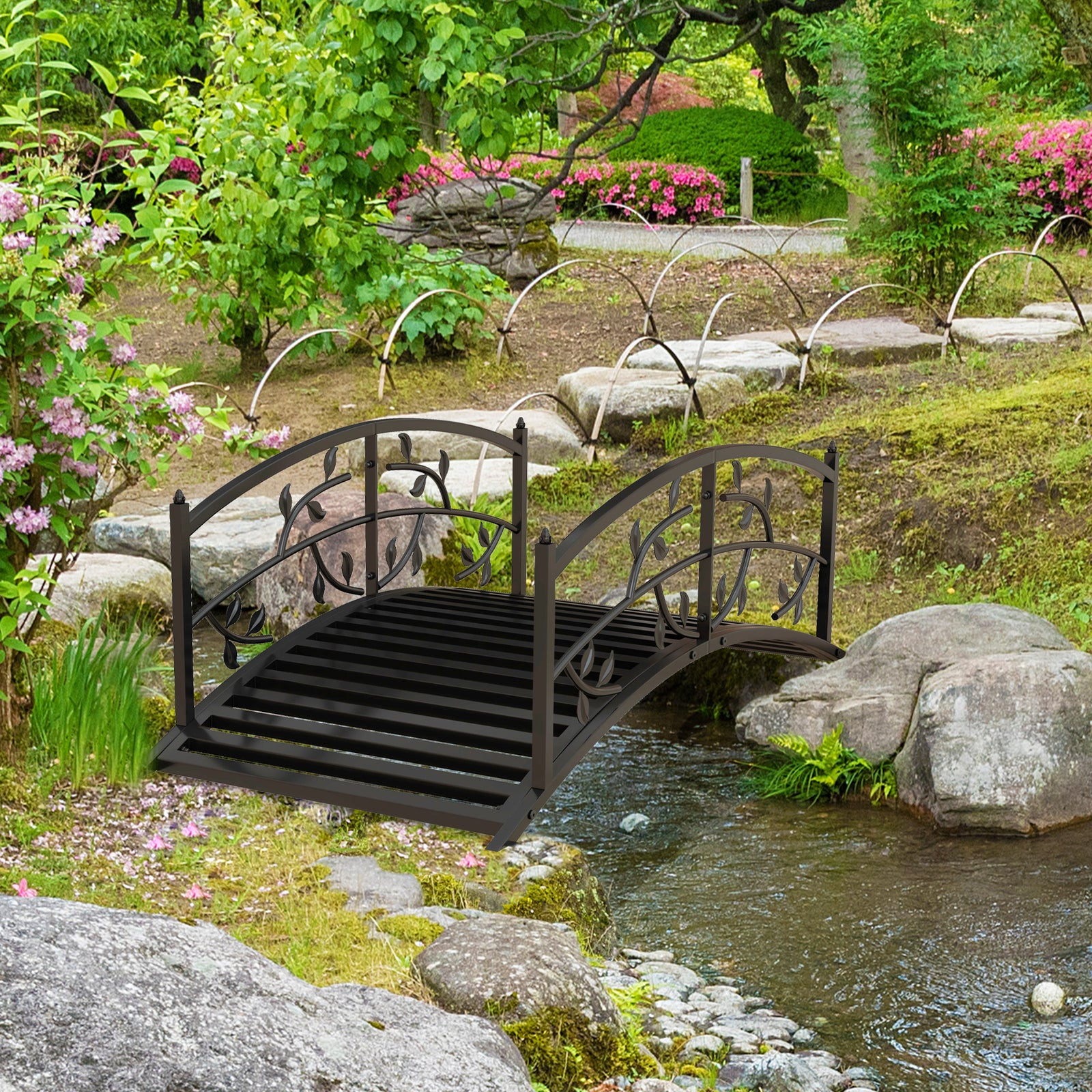 1.2m Metal Garden Bridge With Railings, Vine Pattern, Black