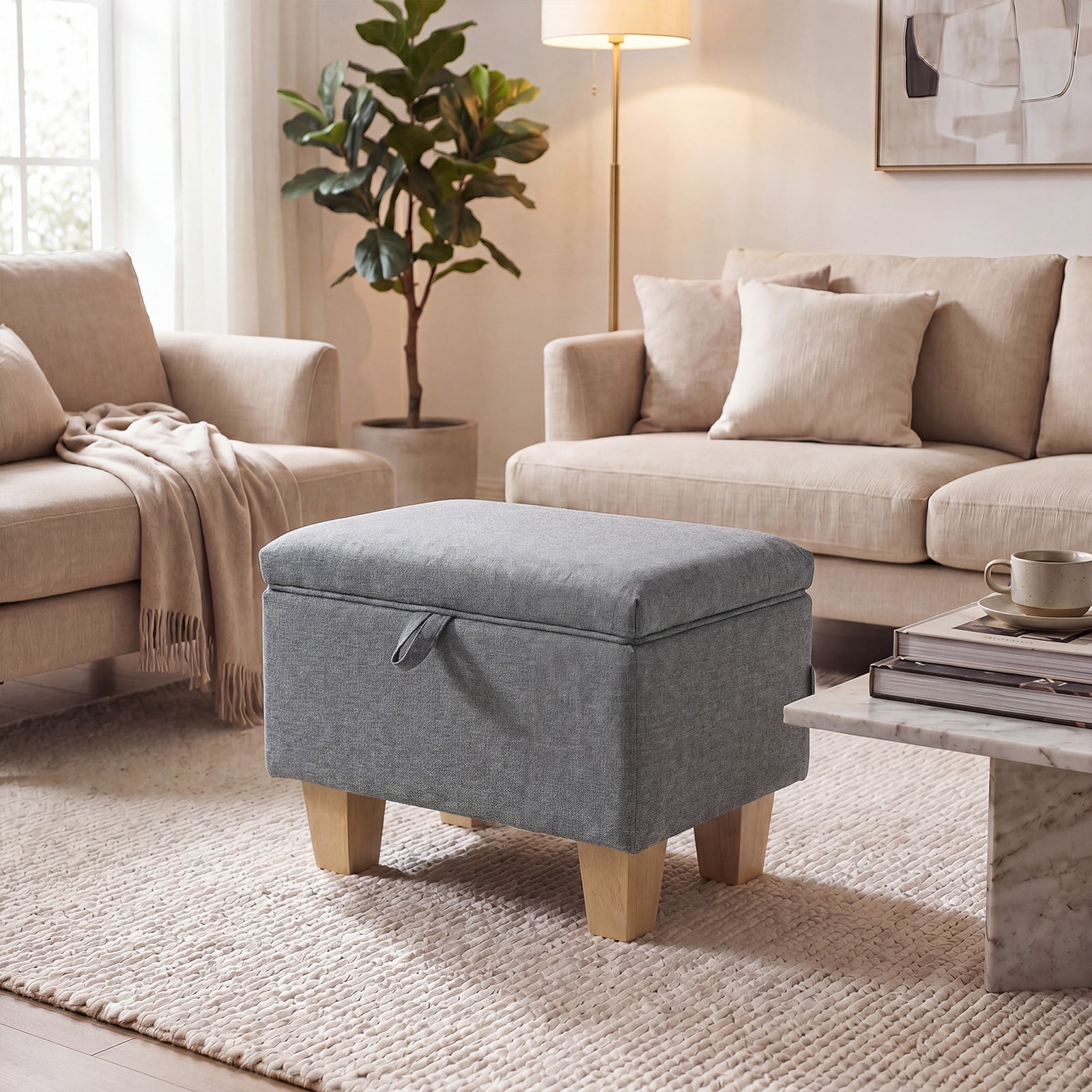 Linen Upholstered Storage Ottoman | Grey