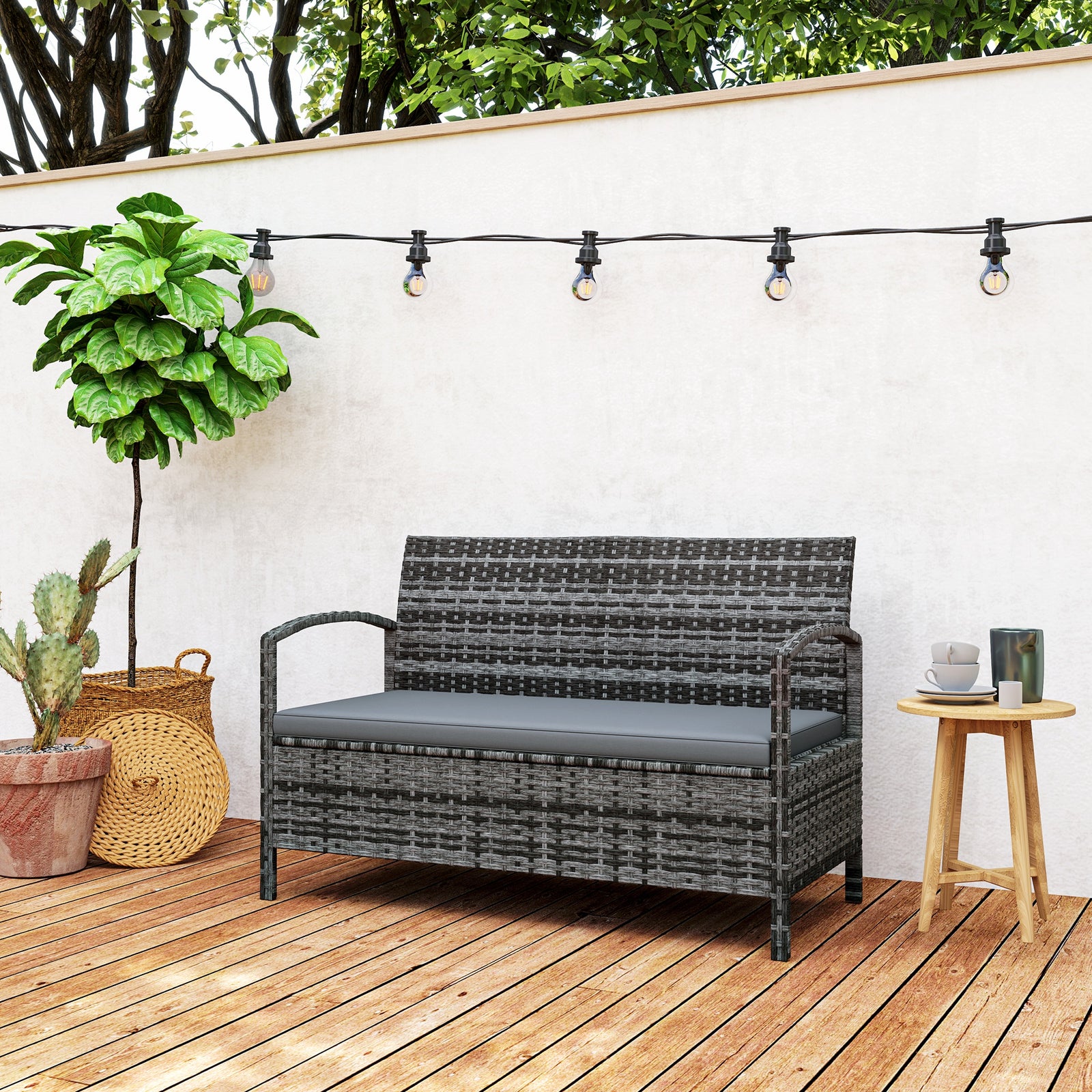 Rattan Garden Bench W/ 125l Storage, Cushioned Outdoor Bench