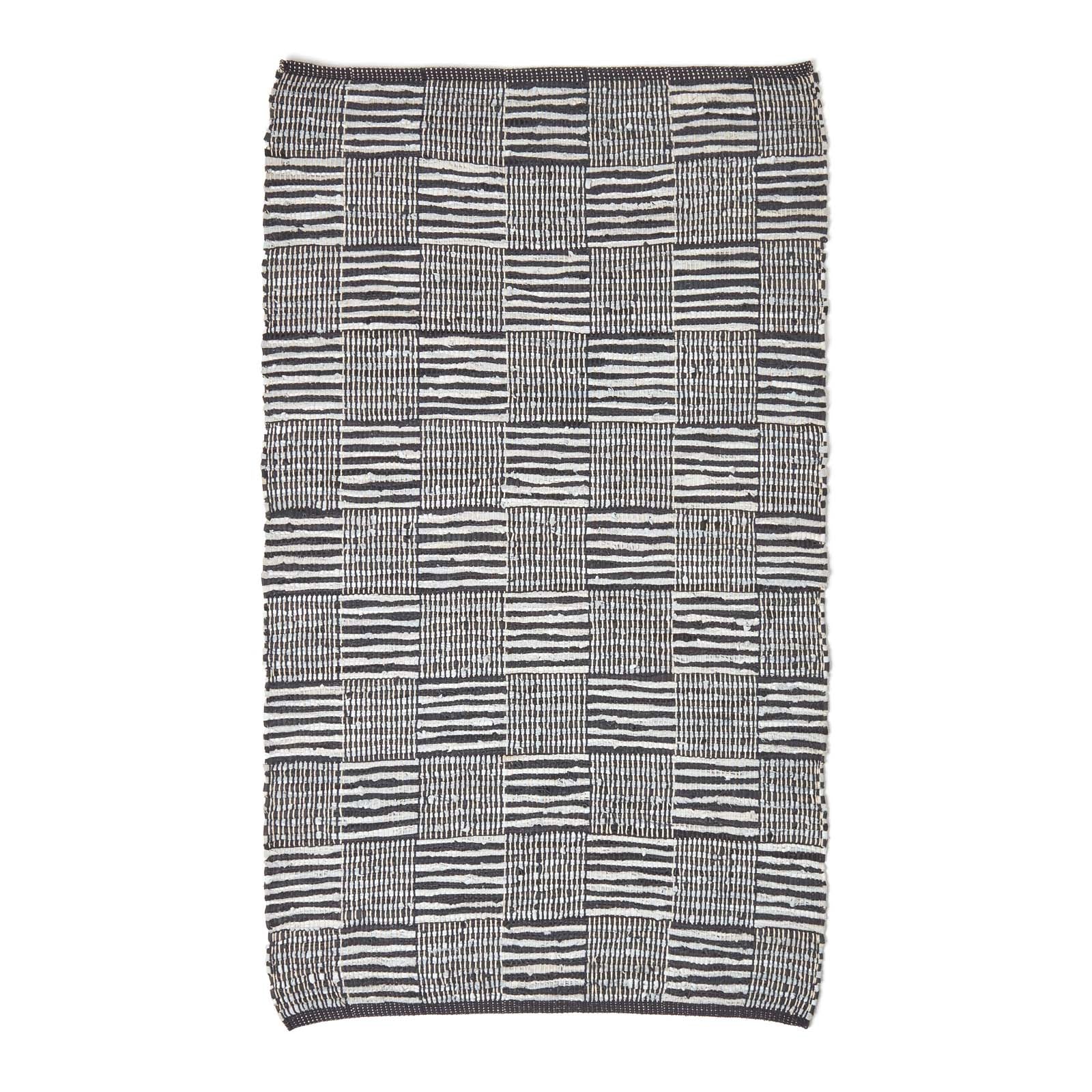 Black & White Real Leather Handwoven Striped Block Check Rug | 120cm x 180cm | Black & White