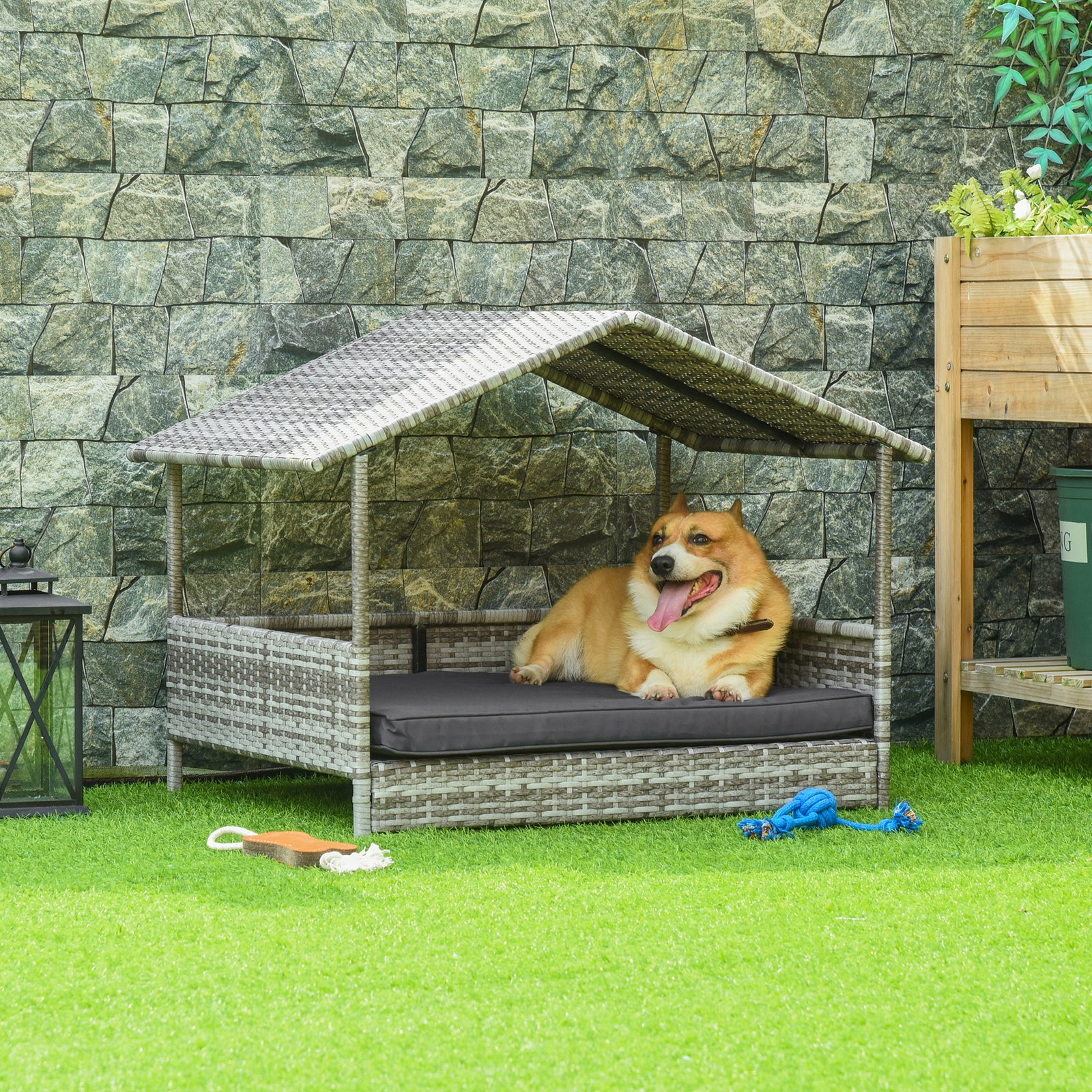 Wicker Dog House, Rattan Pet Bed With Soft Cushion | Dark Gray