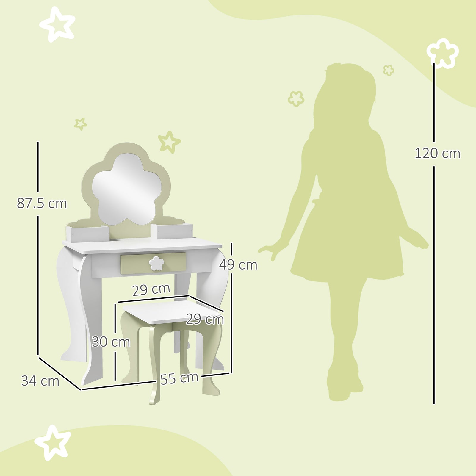 Kids Dressing Table With Mirror And Stool, Drawer, Storage Boxes - White | White