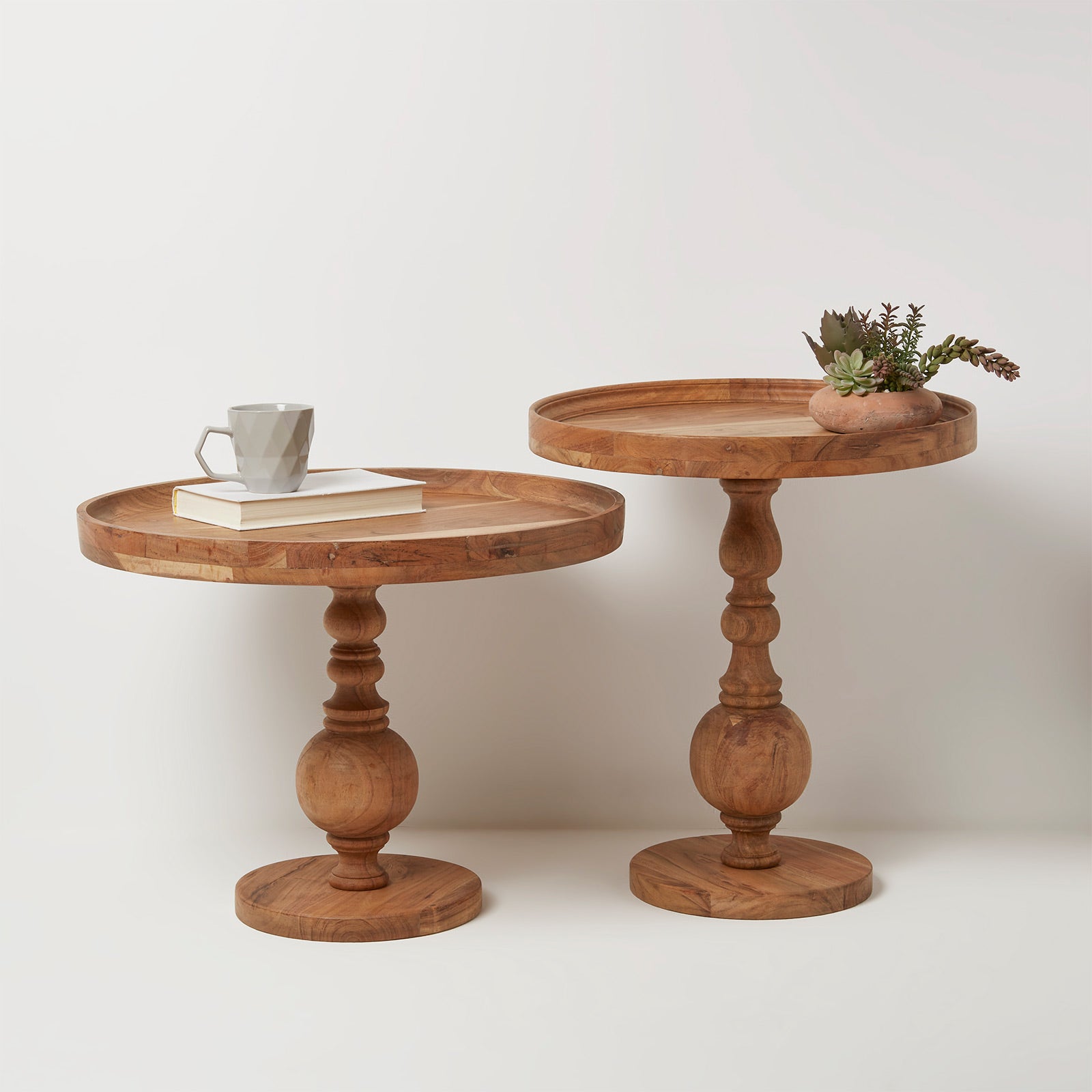 HOMESCAPES Pillar Solid Acacia Wood Side Tables – Set Of 2