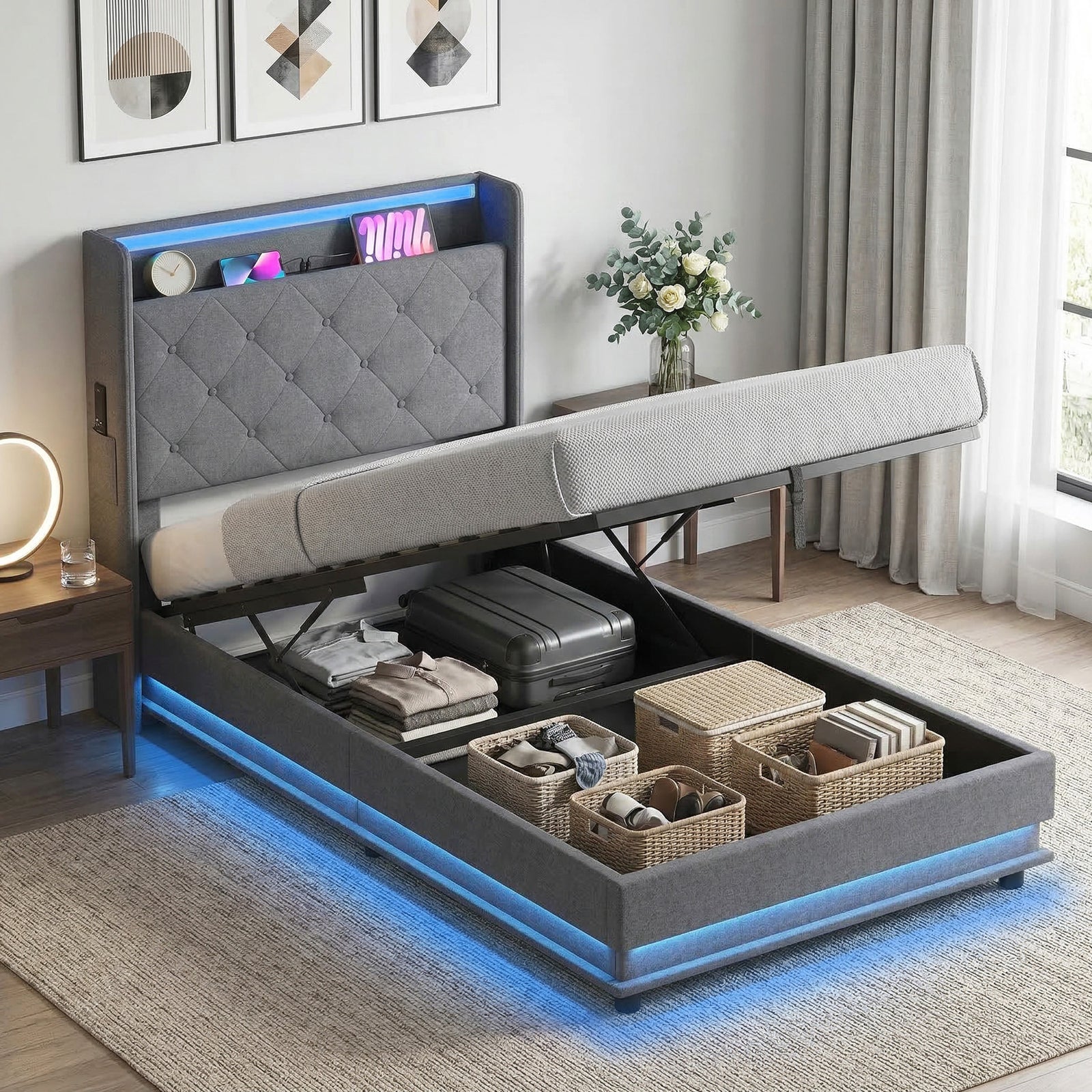 Lift Up Storage Bed Frame With Rgb Led Lights | 3ft | Dark Grey
