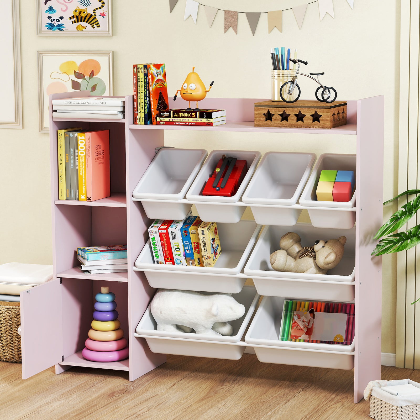 Toy Storage Unit With 8 Removable Bins, Storage Shelves, Cabinet | Pink
