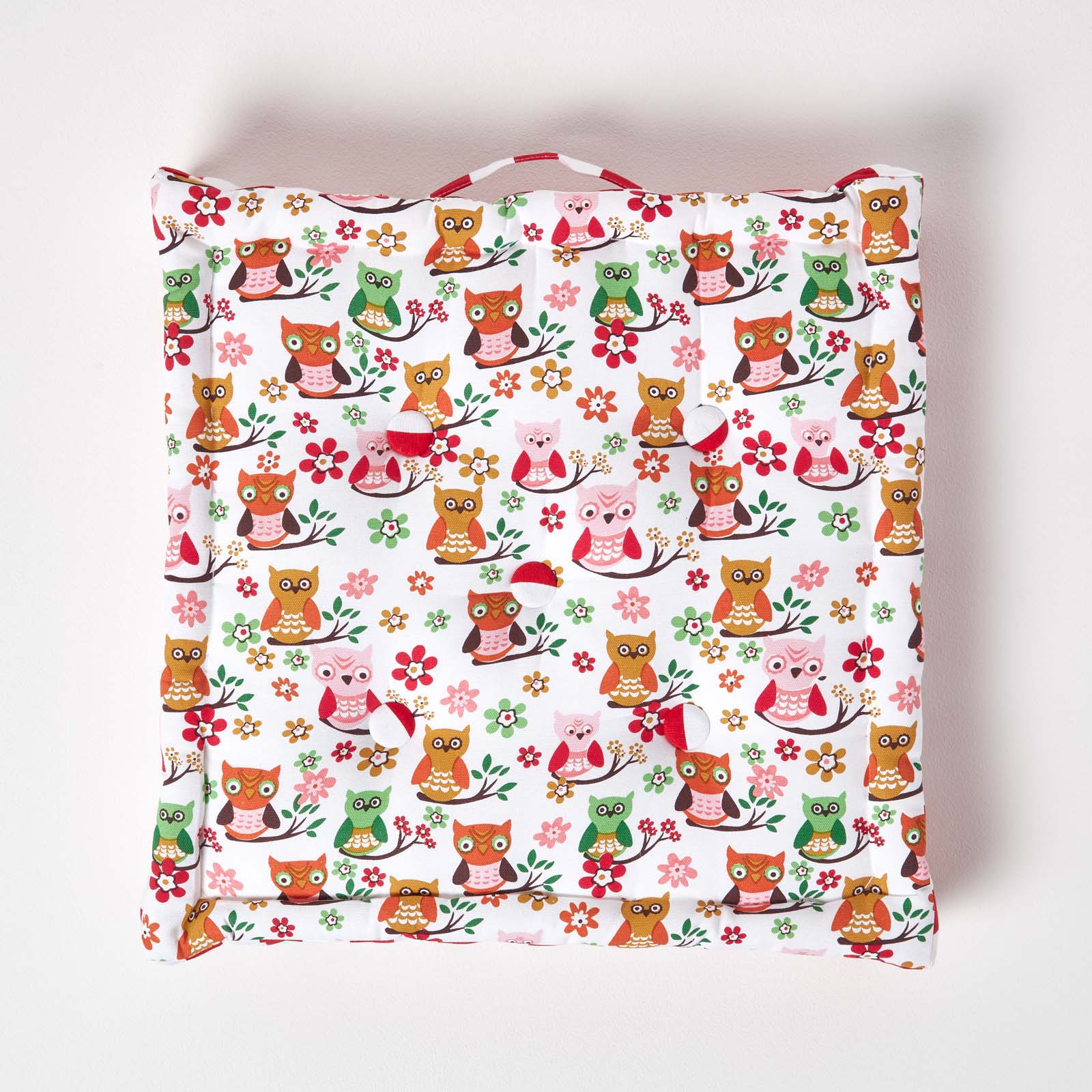 Cotton Owl Print Floor Cushion | 50cm x 50cm | Red