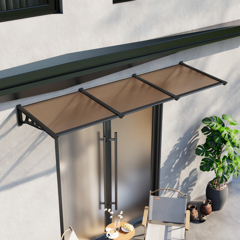 1.2-2.7m Flat Angle Outdoor Door Window Awning Canopy - Transparent Brown Sun & Rain Protection | XL | Brown