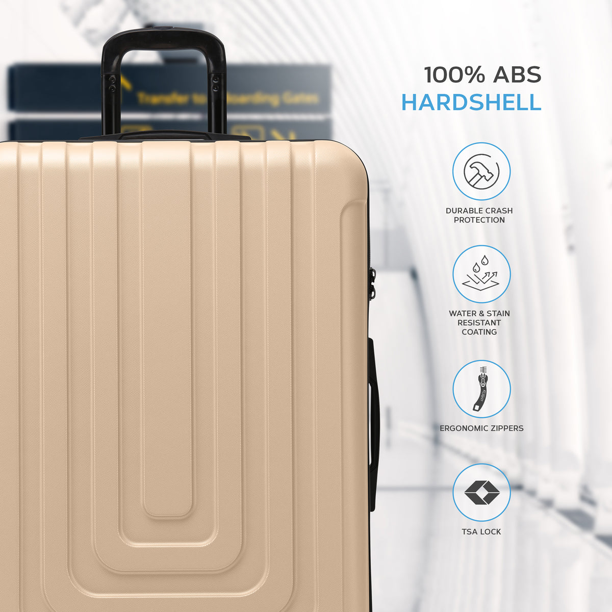 Set Of 3 Hard Shell Suitcases Overhead Carry On Cabin Bag & Check In 20kg+ Medium And Large Bag. | Set of 3 | Champagne