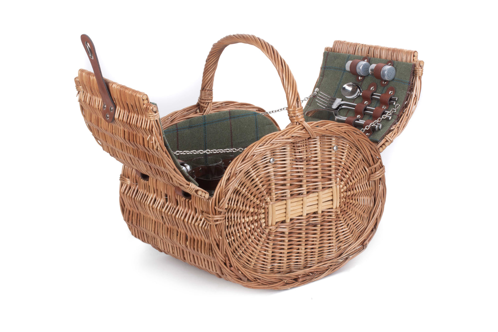 Oval 4 Person Green Tweed Picnic Wicker Basket