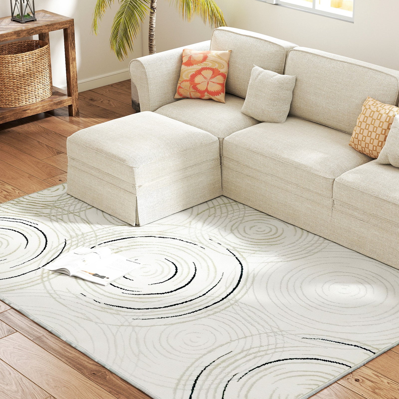 Swirl Pattern Washable Area Rug, Allergy-friendly Floor Carpet | L | Cream