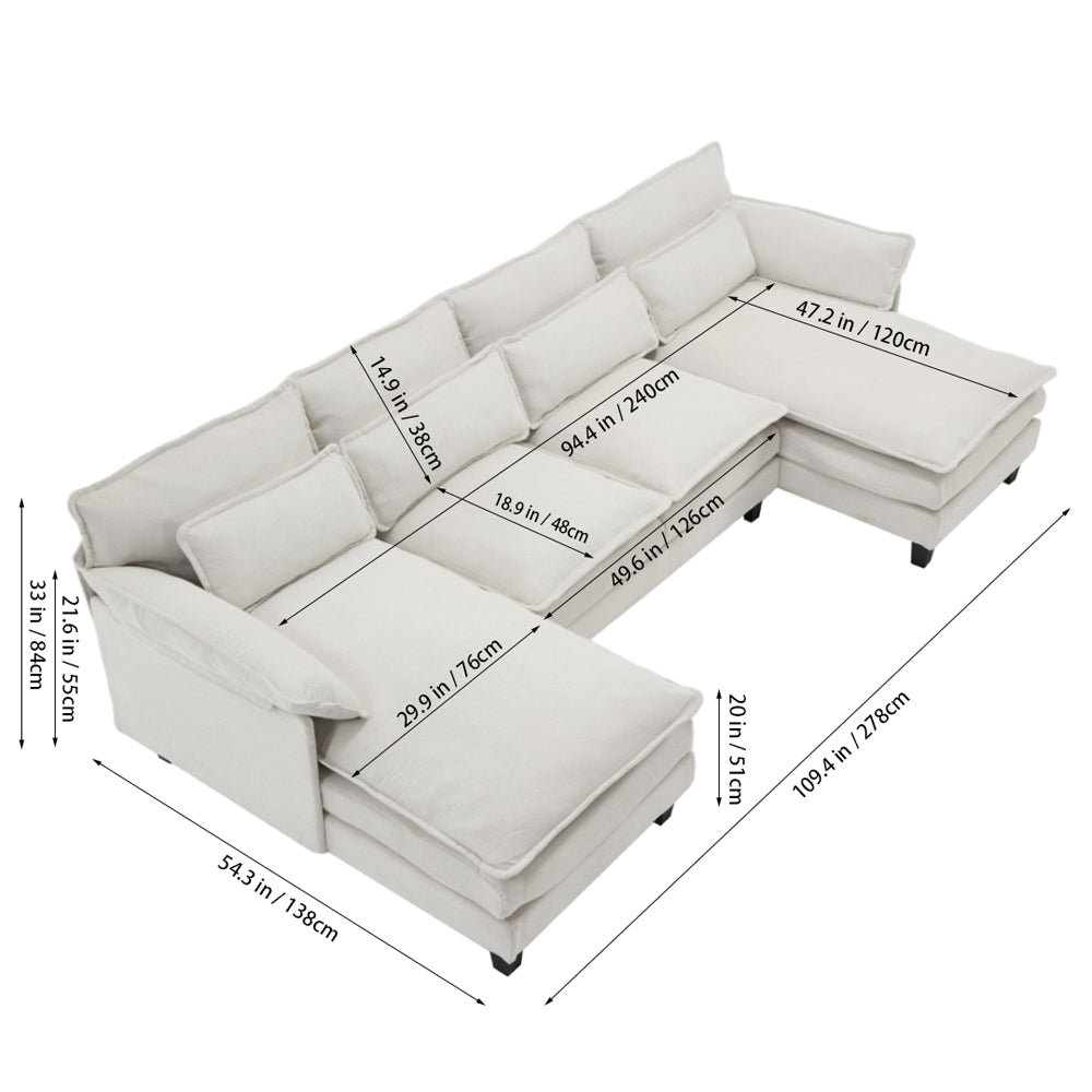 U-shaped Textured Breathable Chenille Sectional Sofa With Dual Chaise – Modular Living Room Couch With Lumbar Cushions | Beige
