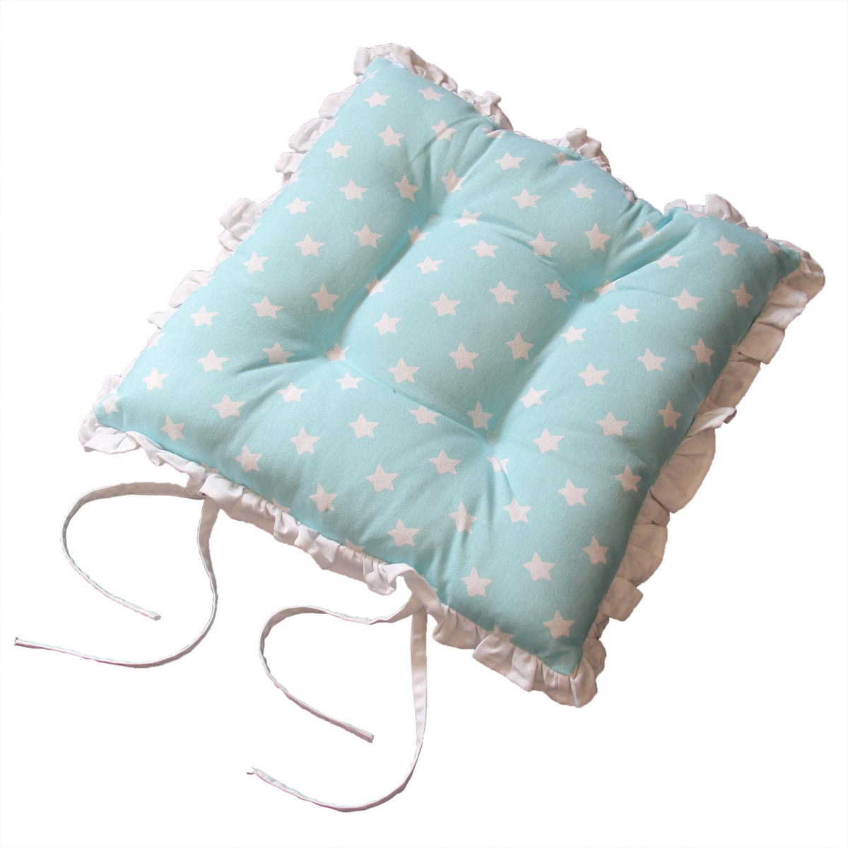 HOMESCAPES Reversible White Frilled Cushion Seat Pad With Ties Blue Stars