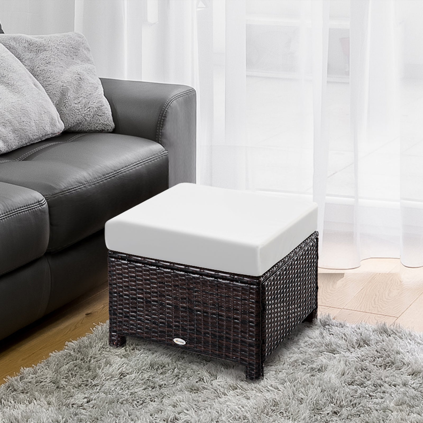Rattan Footstool Wicker Ottoman With Padded Seat Cushion | Brown