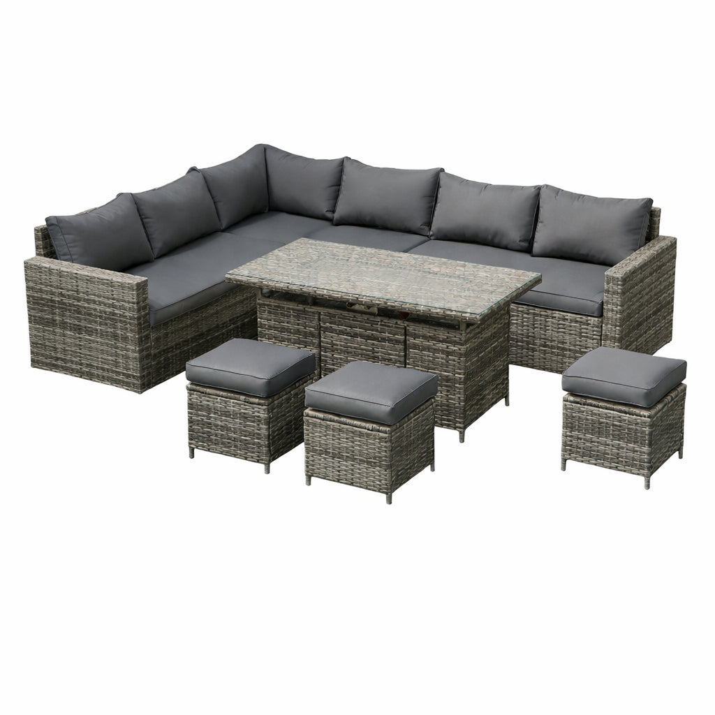 The Tarporley Grey 9 Seat Corner Firepit Rattan Dining Set