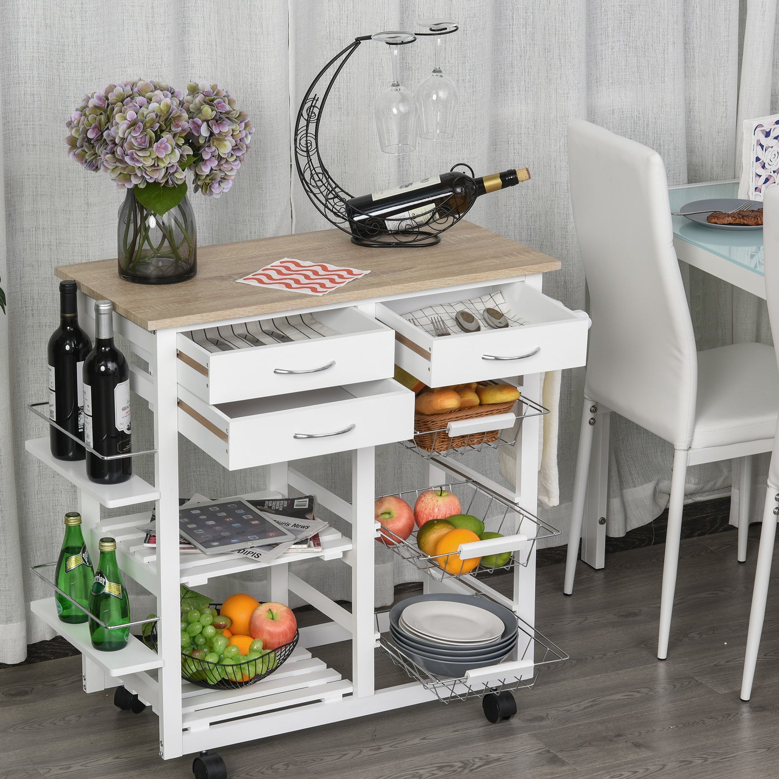 HOMCOM Serving Cart Kitchen Island Mobile Utility Cart