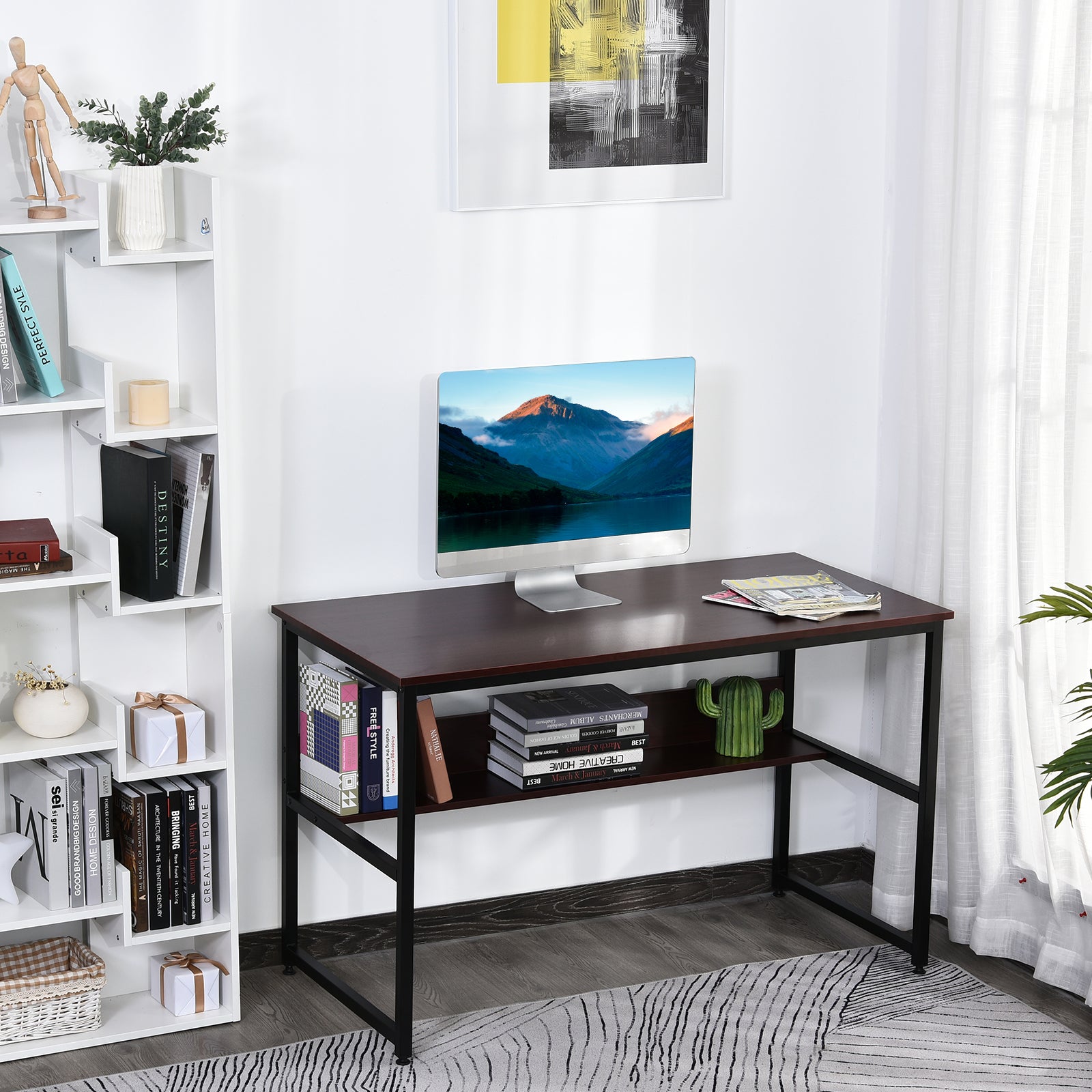 Two-tier Writing Desk Metal Frame Smooth Shelves W/ Shelf | Brown