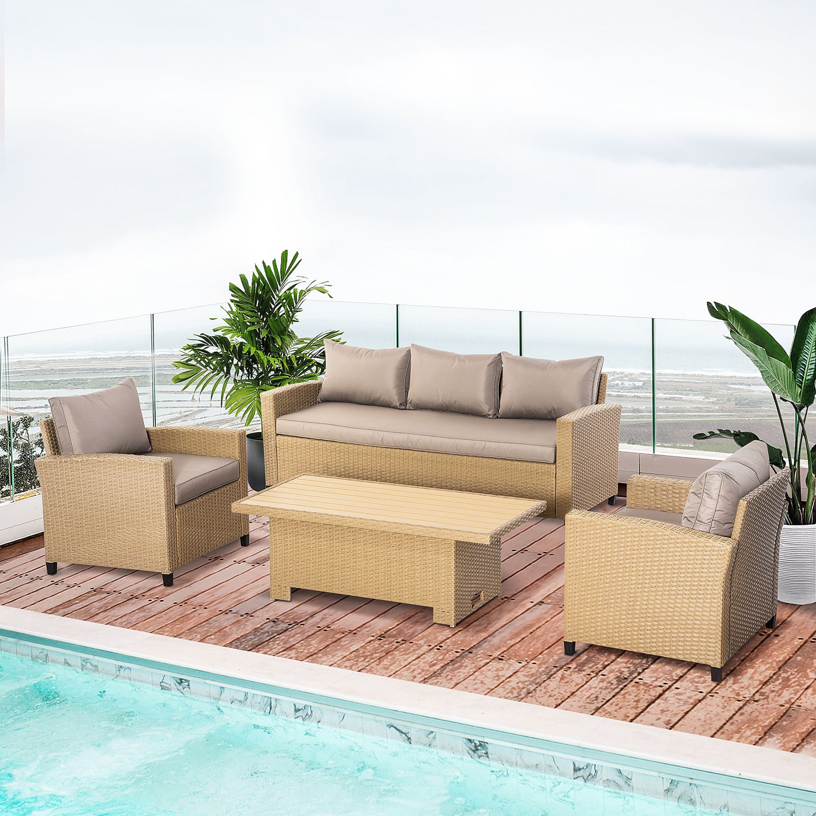 4 Pcs Patio Wicker Aluminum Furniture Set W/ Table