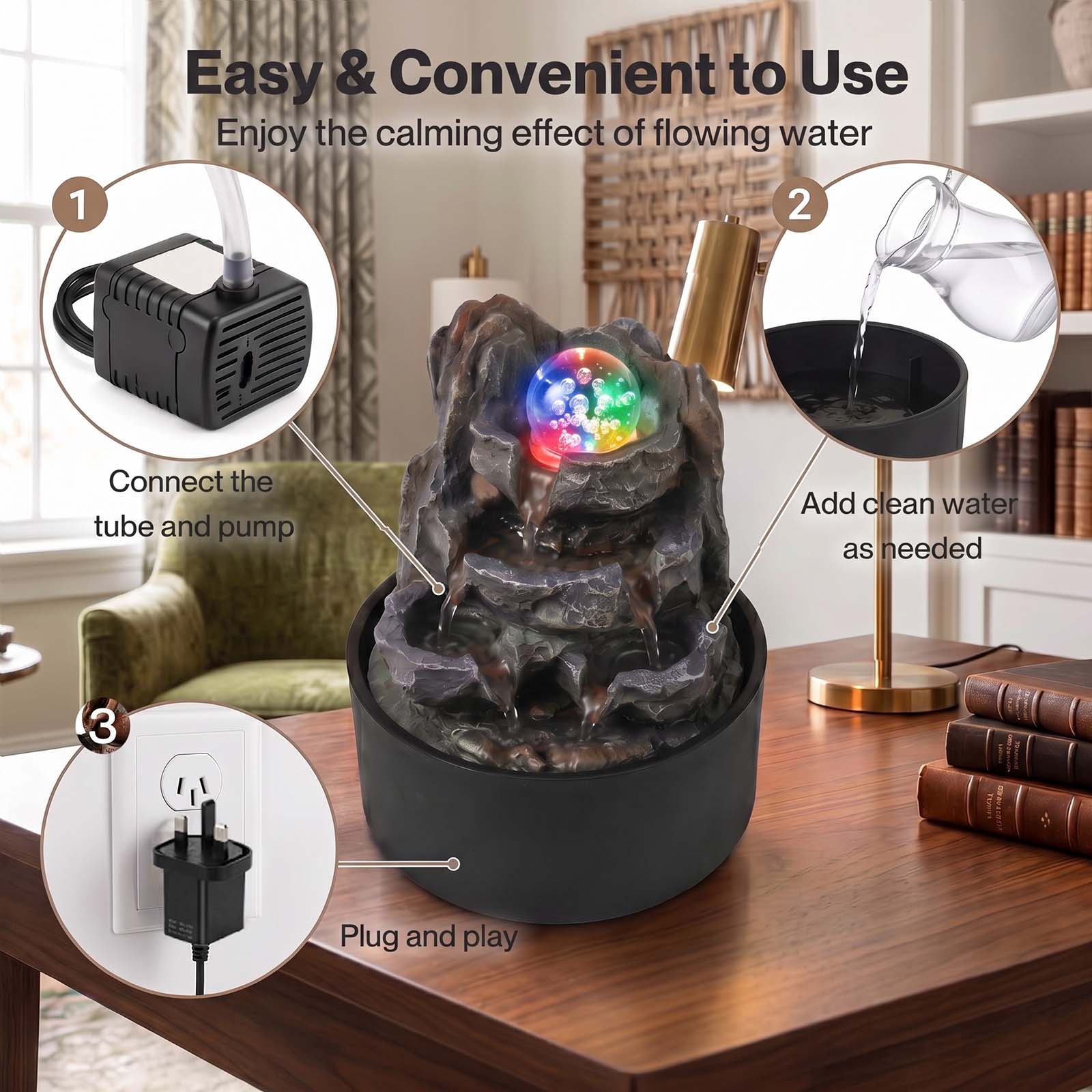 Spector Tabletop Water Fountain With Rotating Glass Ball  Resin Grey Brown