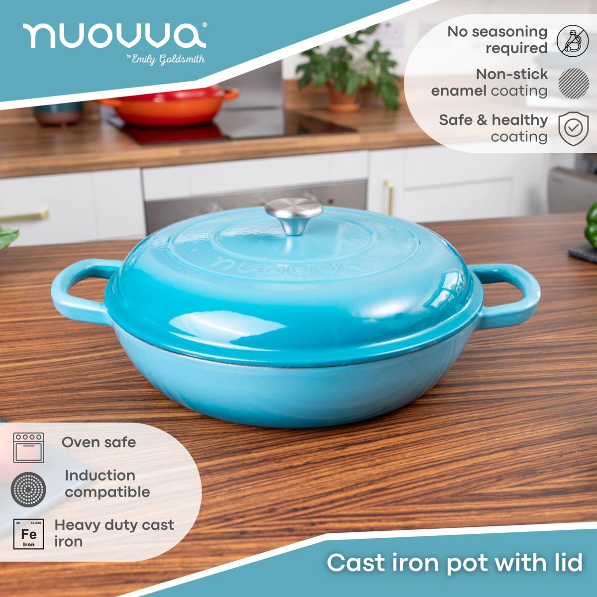 Shallow Cast Iron Casserole Pot With Lid, 5-quart, (32 Cm) | Blue