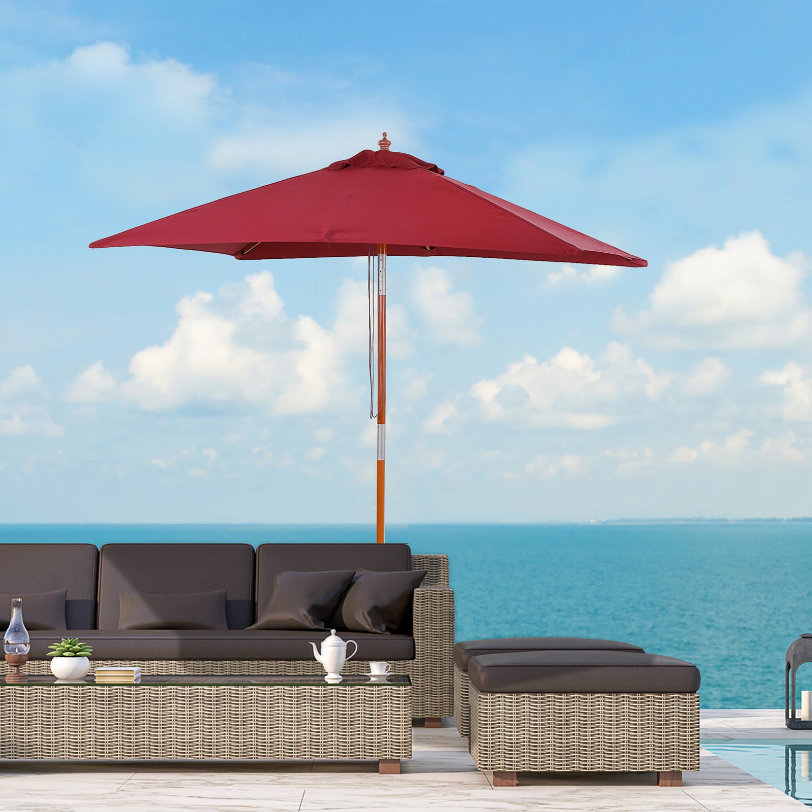 2x1.5m Wooden Patio Umbrella Parasol | Red