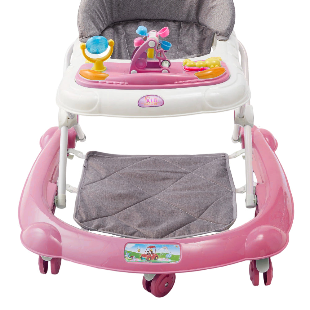 Adjustable Baby Walker, Foldable Walker, Multifunctional Baby Walker, Feeding Tray, Interactive Music, Toys, Wheel Safety Breaks | Pink