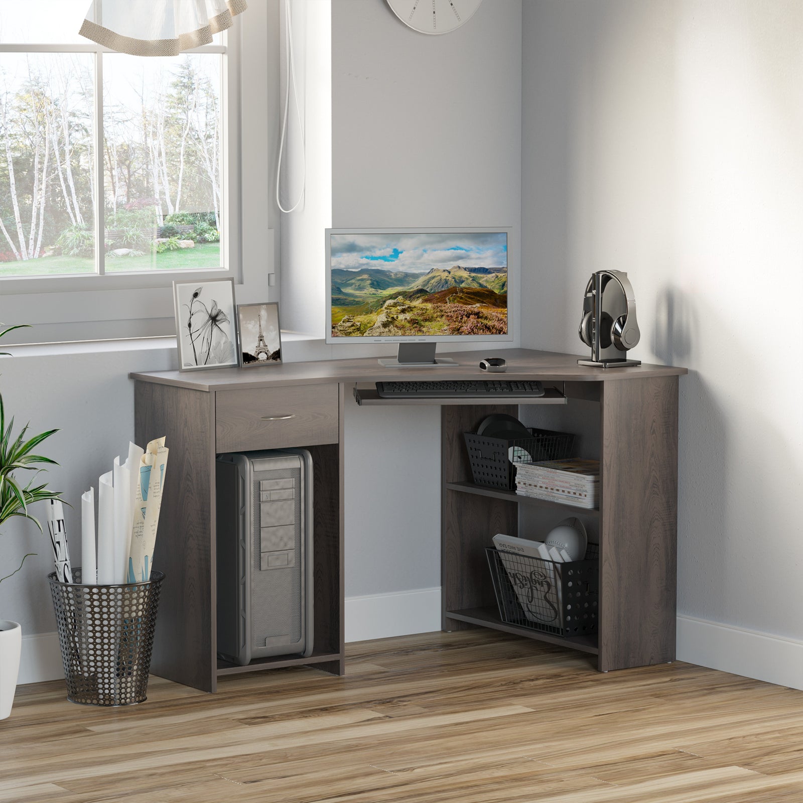 L-shaped Corner Computer Desk W/ 2 Shelves Worktop Keyboard