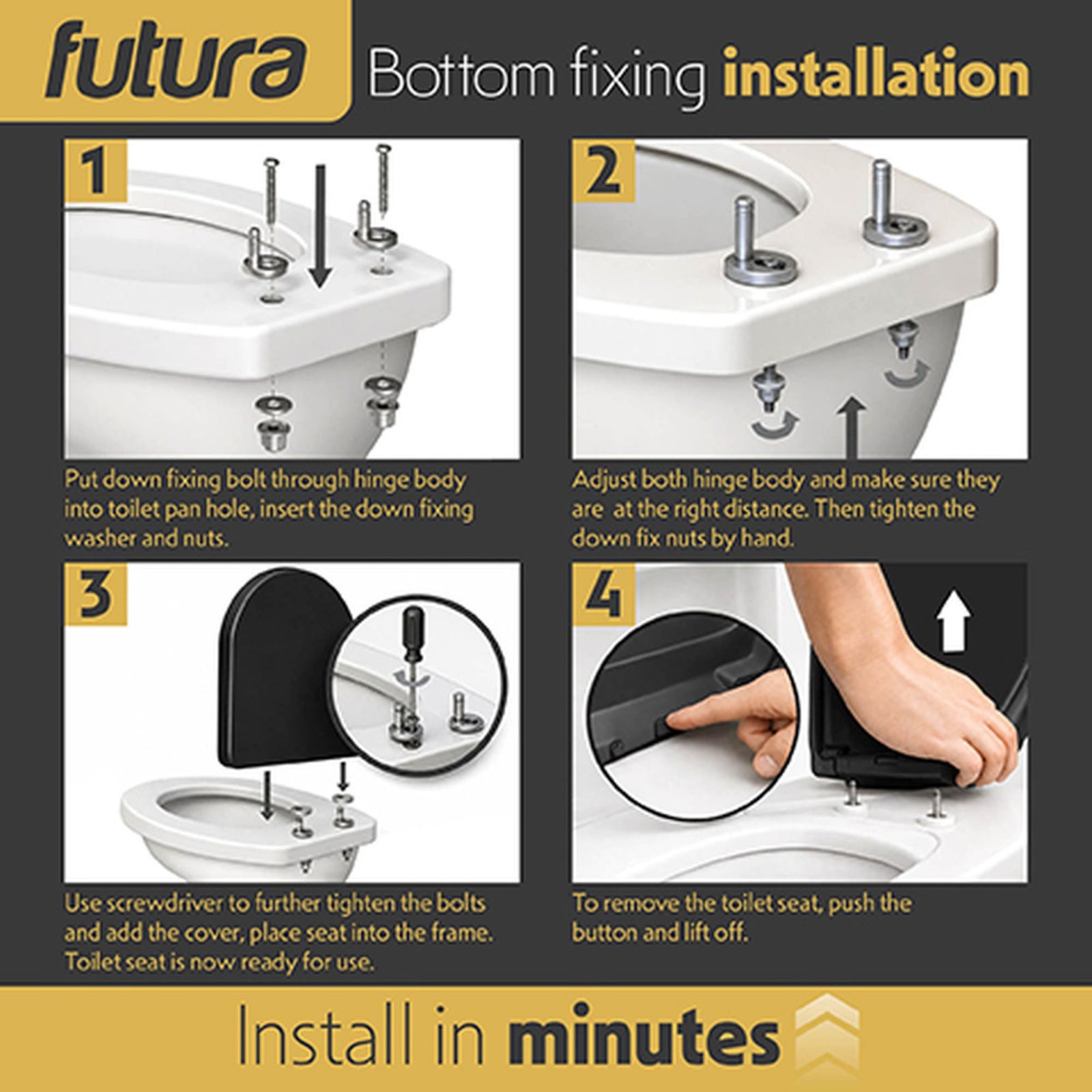 Toilet Seat Soft Close D Shape, Premium Thermoplastic, Quick Release, Top & Bottom Fixings | Black