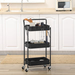 HOMCOM Rolling Utility Cart With 3 Mesh Basket 4 Hooks For Kitchen