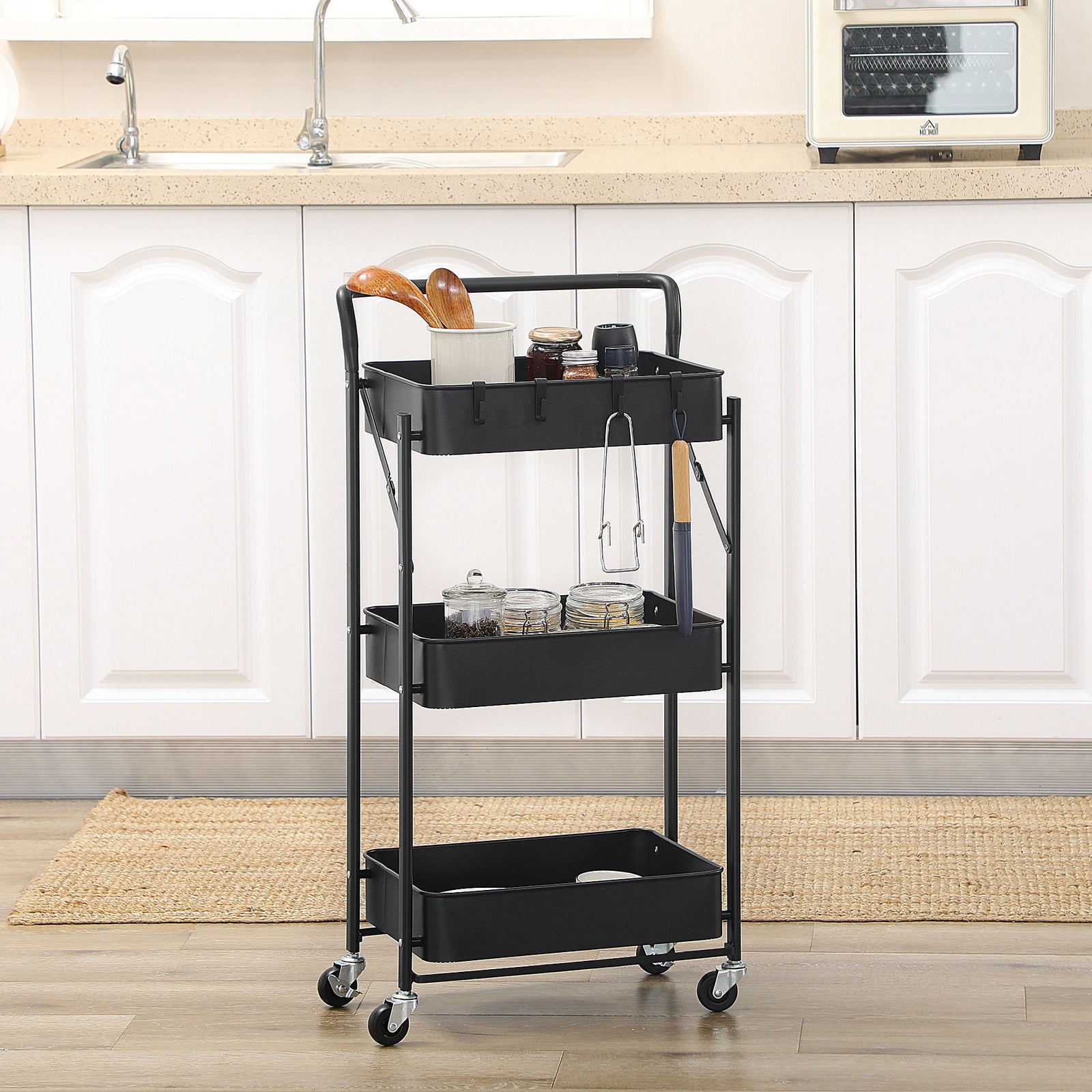HOMCOM Rolling Utility Cart With 3 Mesh Basket 4 Hooks For Kitchen