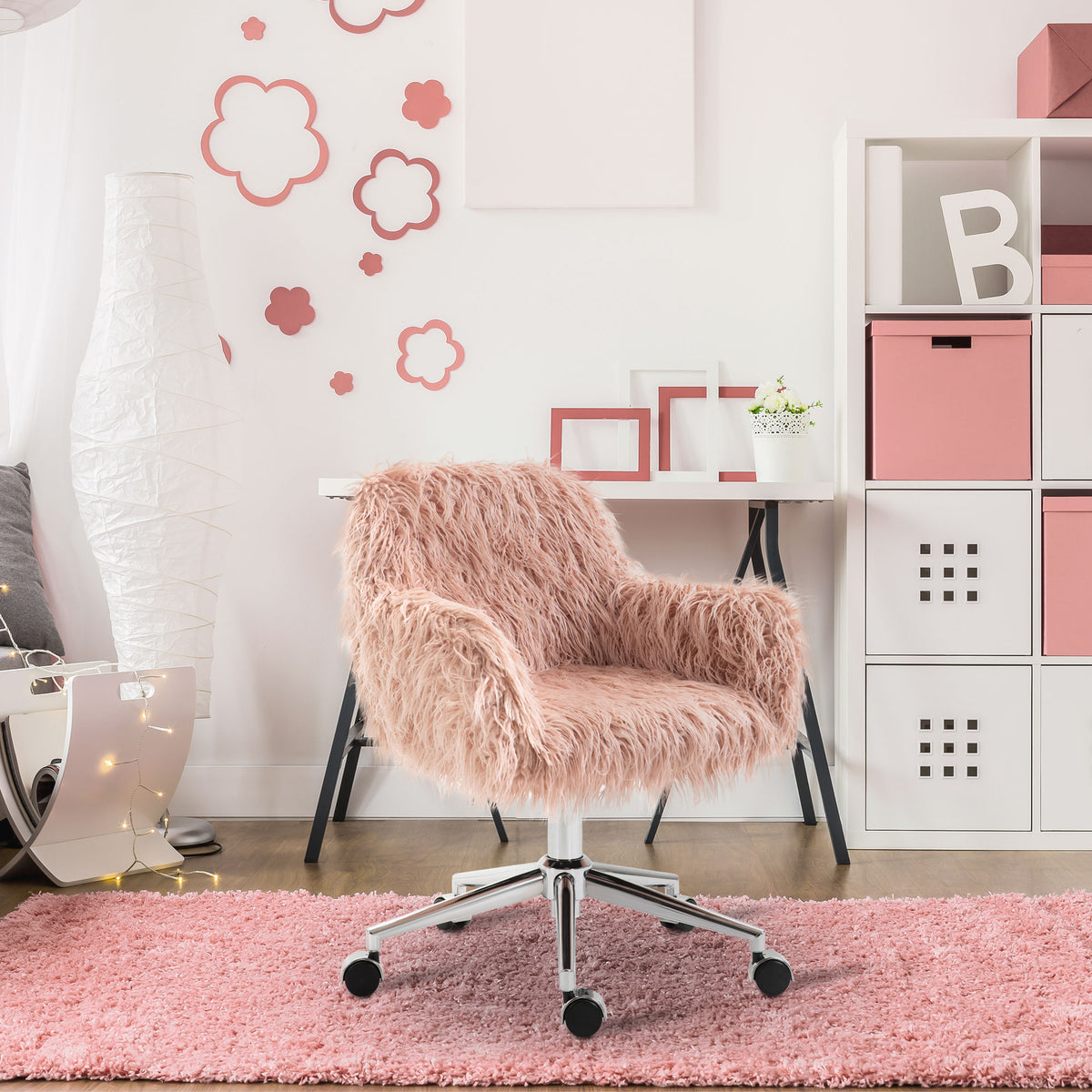 Vinsetto Faux Fur Home Office Chair, Vanity Chair W/ Adjustable Height, Pink