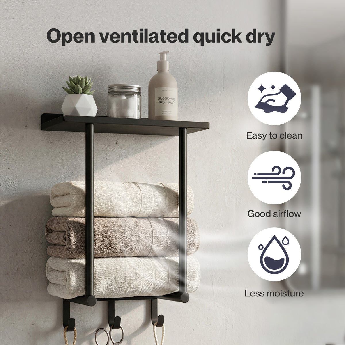 Towel Rack Wall Mounted Shelf Bathroom Storage Holder With Hooks Black | Black