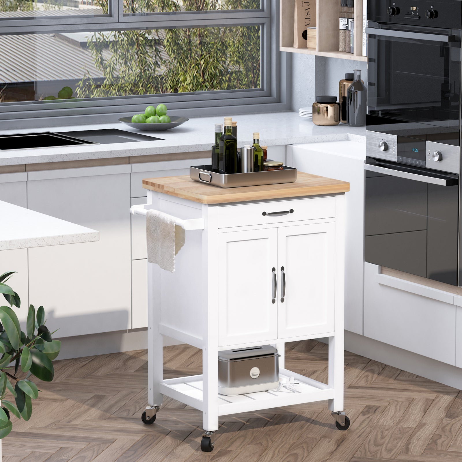 Trolley With Wheels, Shelves, Cupboard