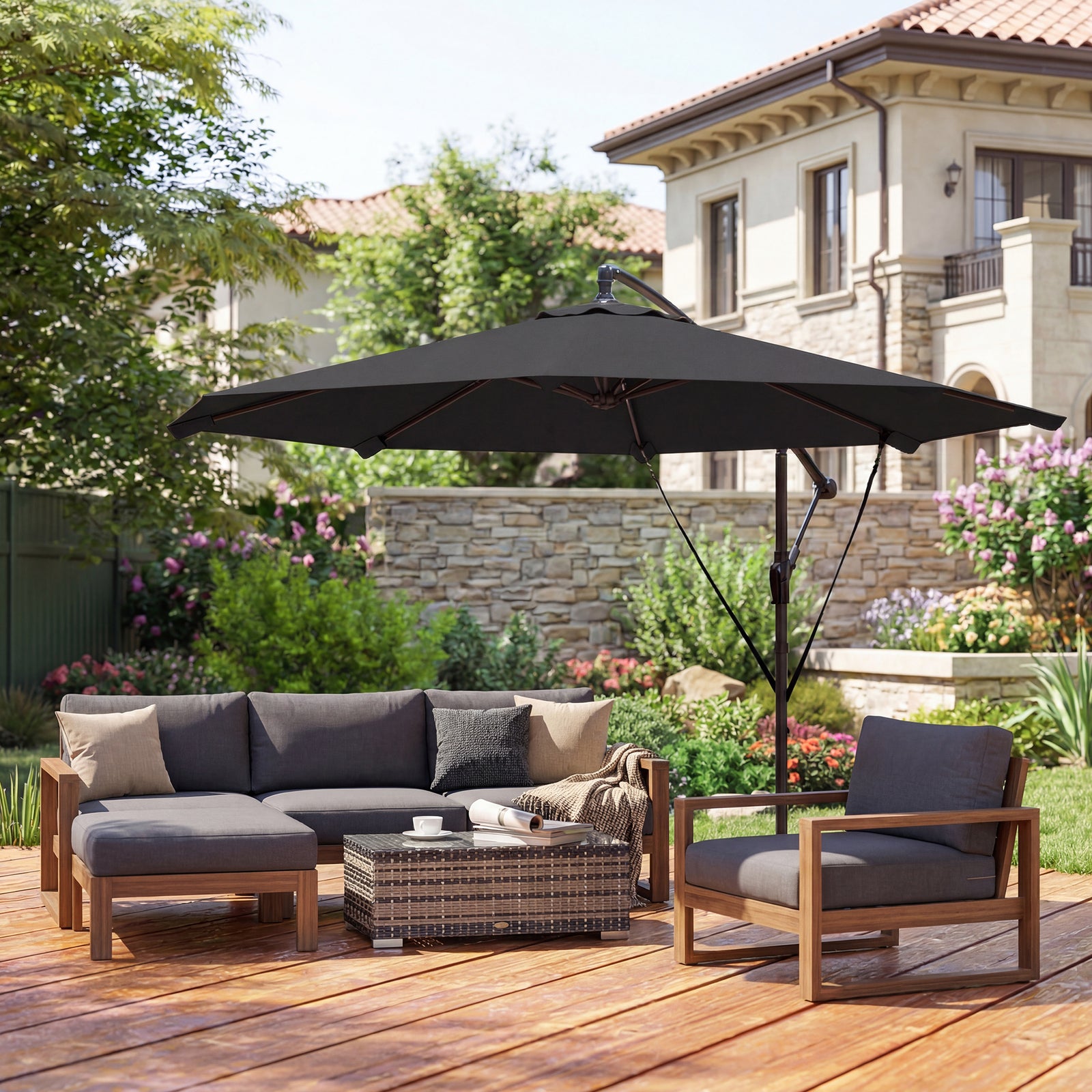 3 M Cantilever Parasol, Offset Umbrella With Cover And Wind Ropes | Black