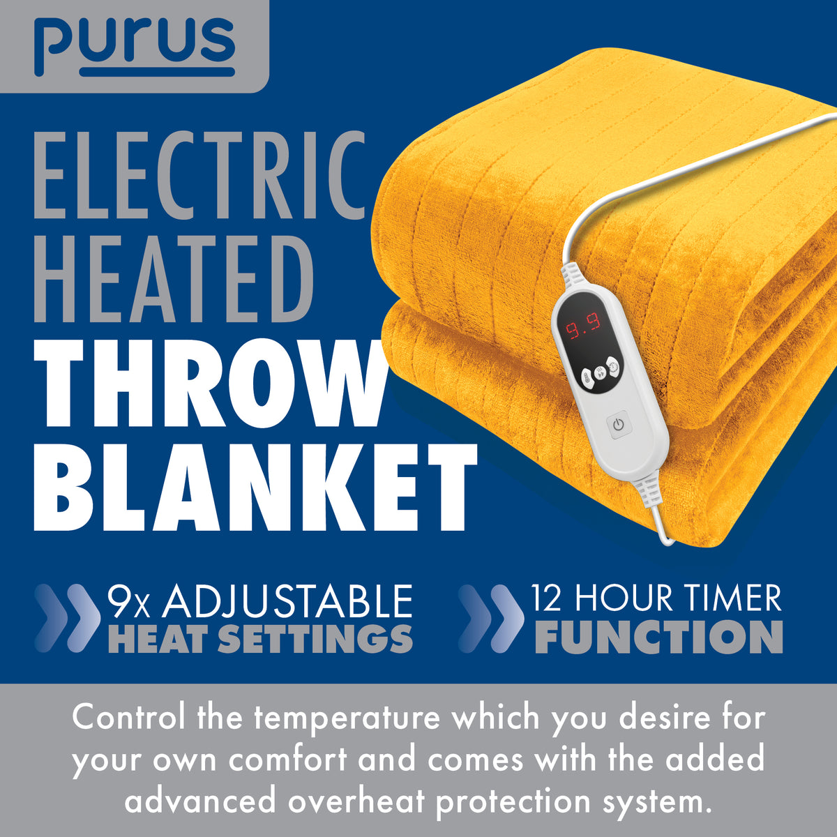 Deluxe Electric Throw Heated Double Over Blanket Soft Fleece 9 Heat & 12 Timer Settings | L | Gold