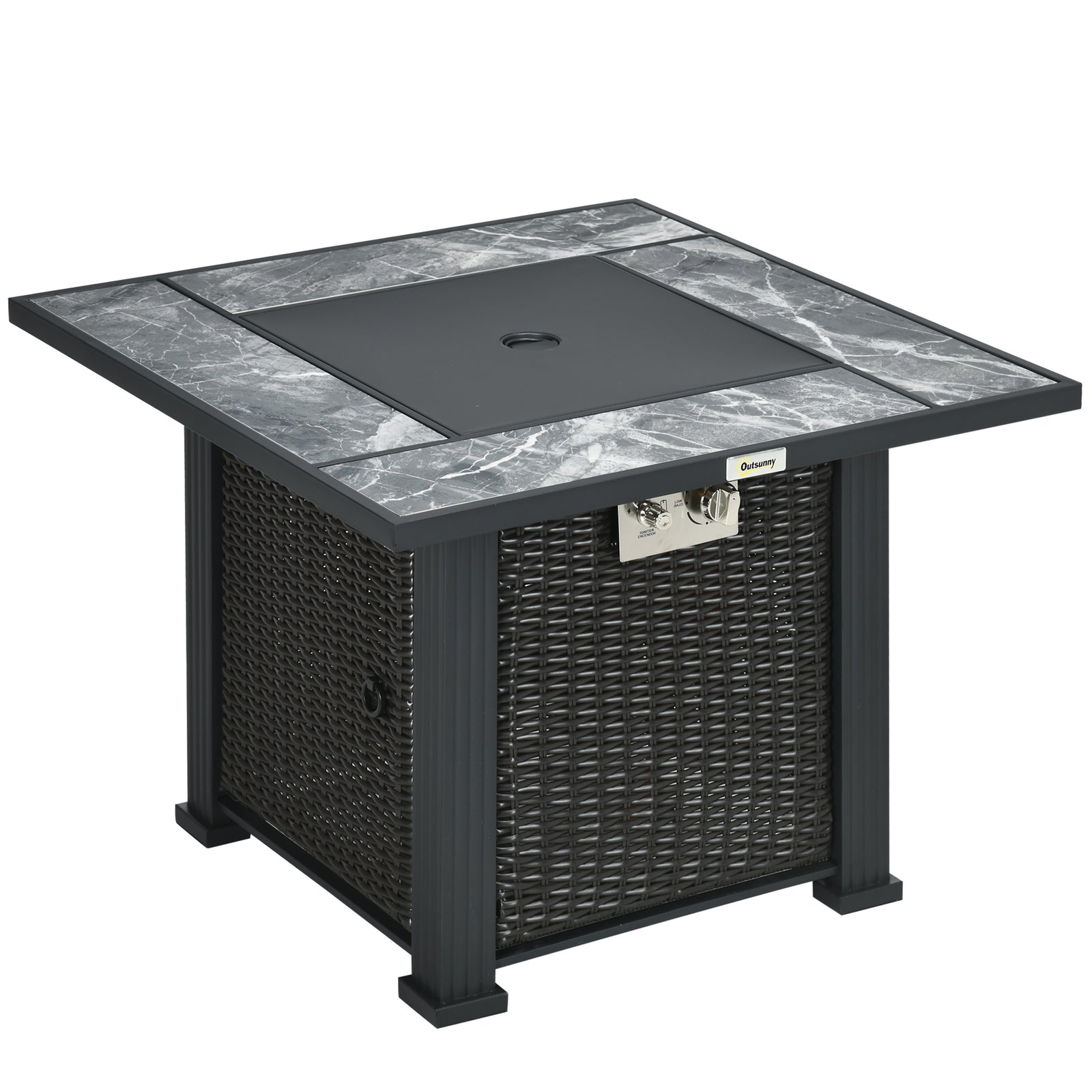 Pe Rattan Gas Fire Pit Table With Marble Desktop, Rain Cover