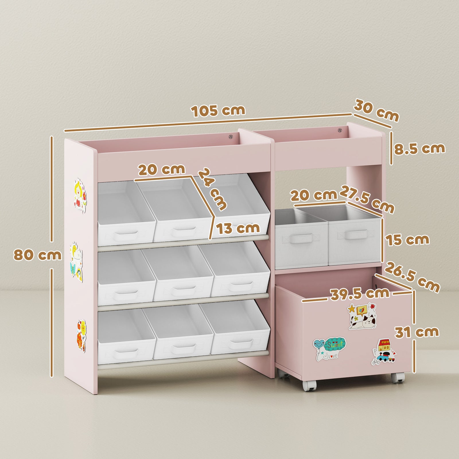 Kids Toy Storage Unit With 11 Fabric Bins, 3 Stickers | Pink