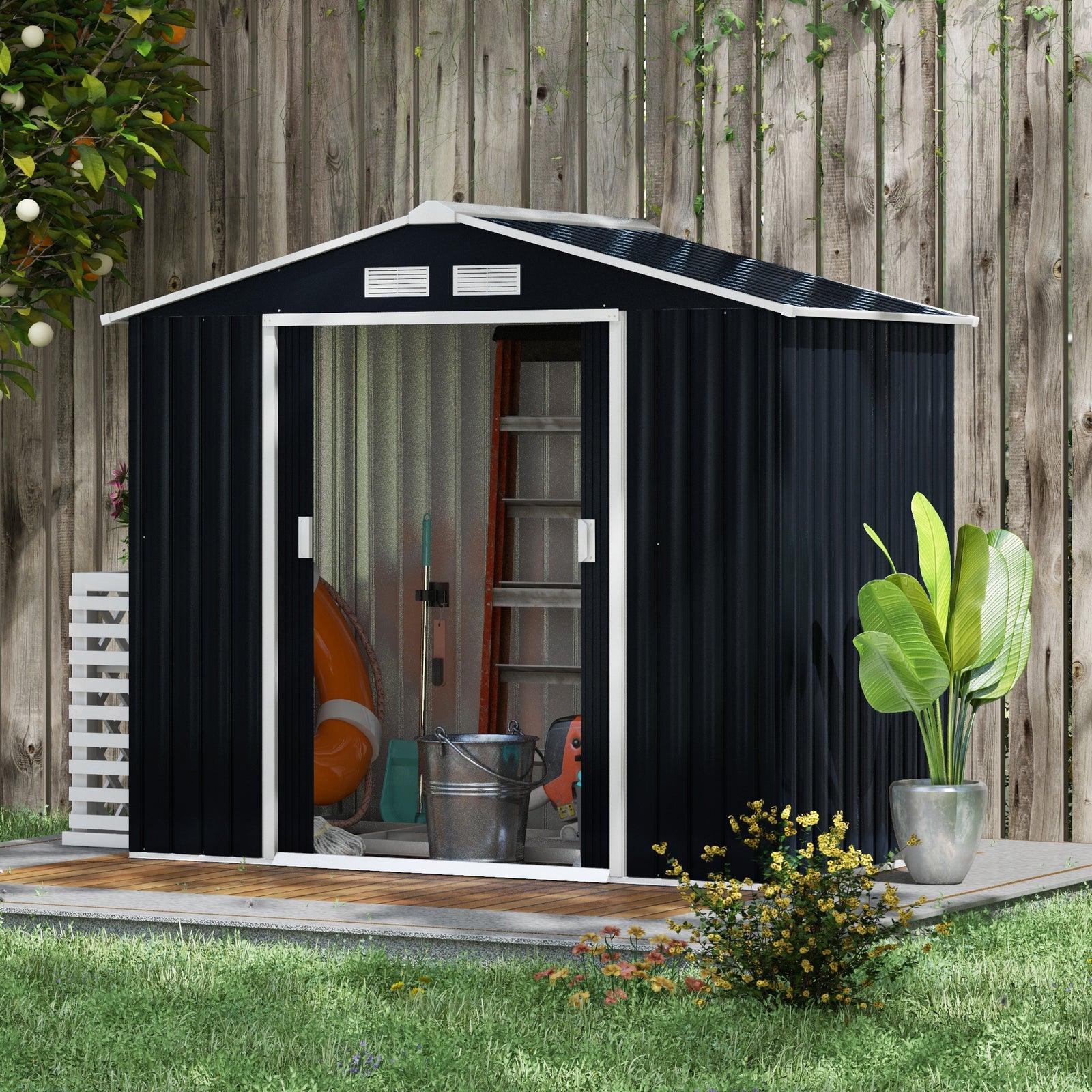 Garden Shed Storage Unit W/locking Door Floor Foundation | Dark Gray