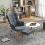 Button Tufted Armchair With Footstool Gold Tone Steel Legs | One Size | Dark Gray