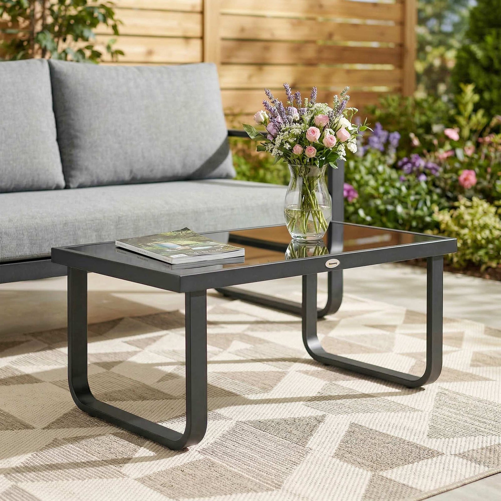 Garden Coffee Table Outdoor Side Table With Glass Top | Large | Black