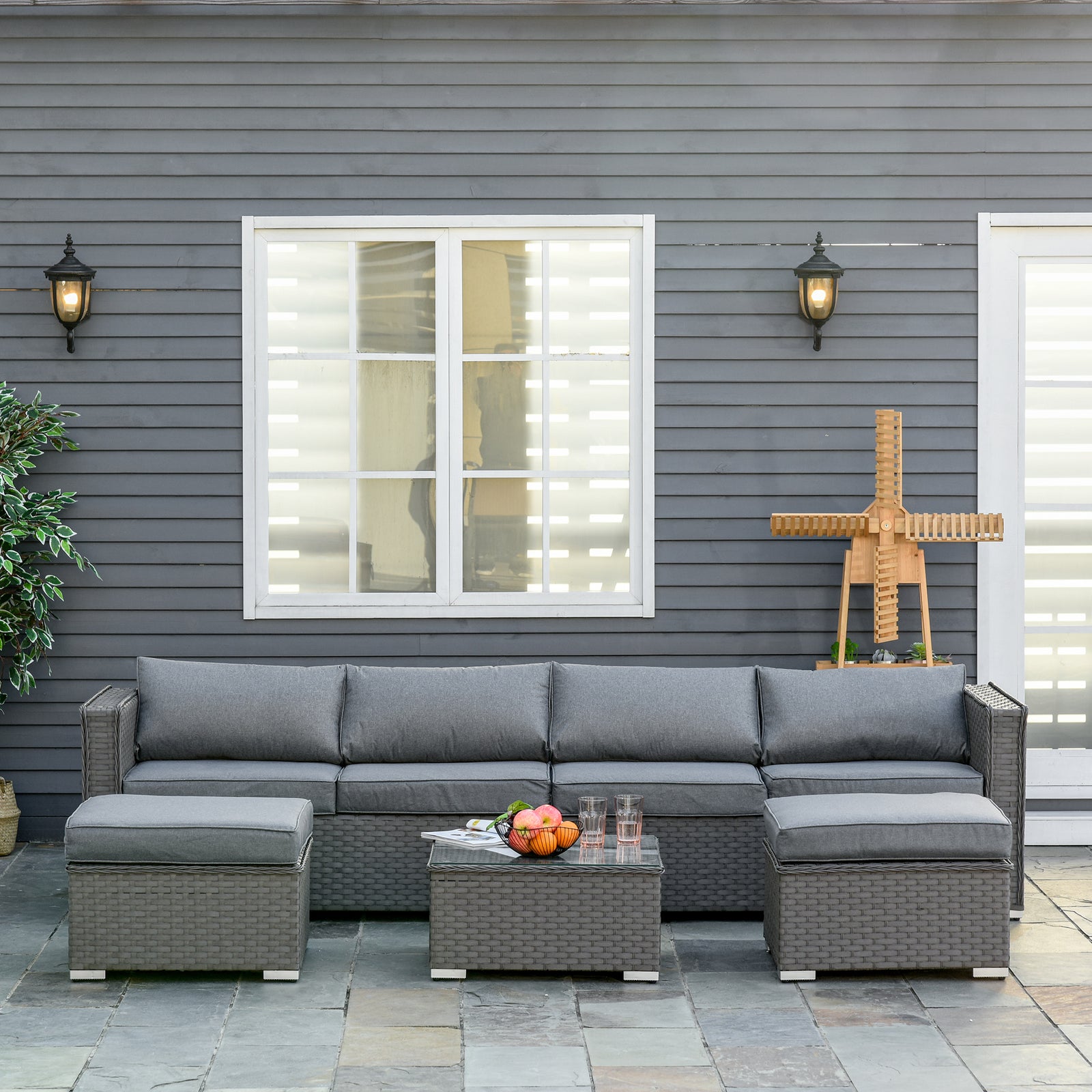 5 Pcs Pe Rattan Corner Sofa Set W/ Cushions