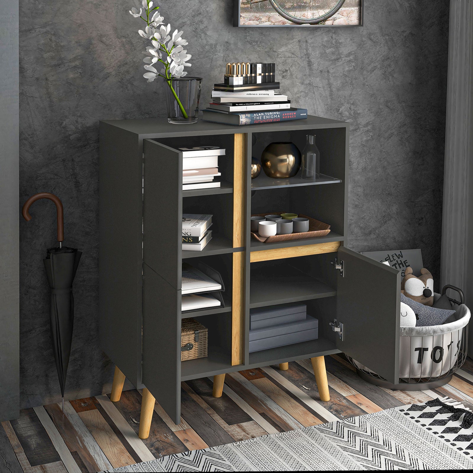 Storage Cabinet Sideboard With Tempered Glass Adjustable