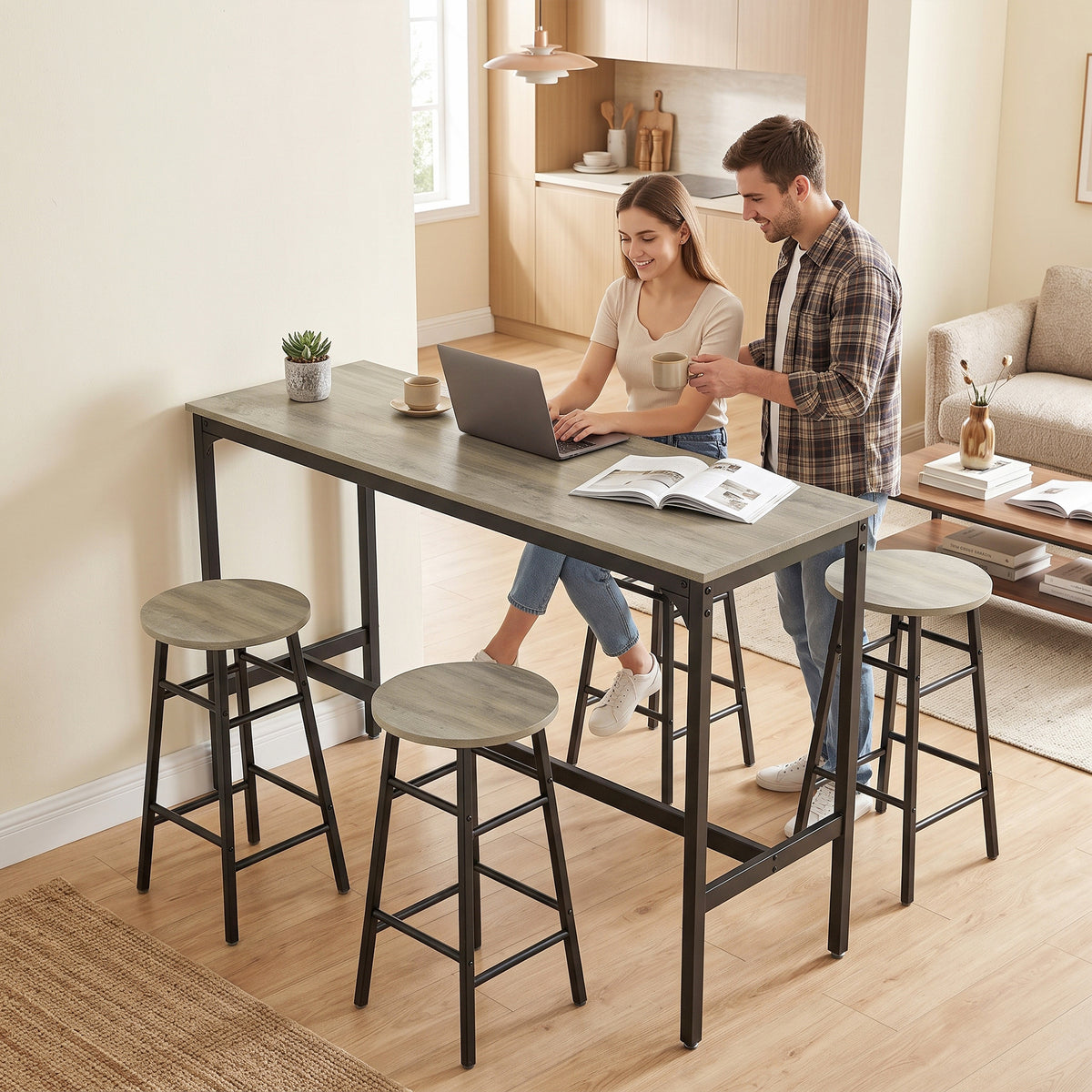 5 Piece Bar Set, Industrial Kitchen And Chair Set Grey Wood Effect