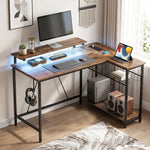 L Shaped Desk With Led Lights And Storage | Rustic Brown
