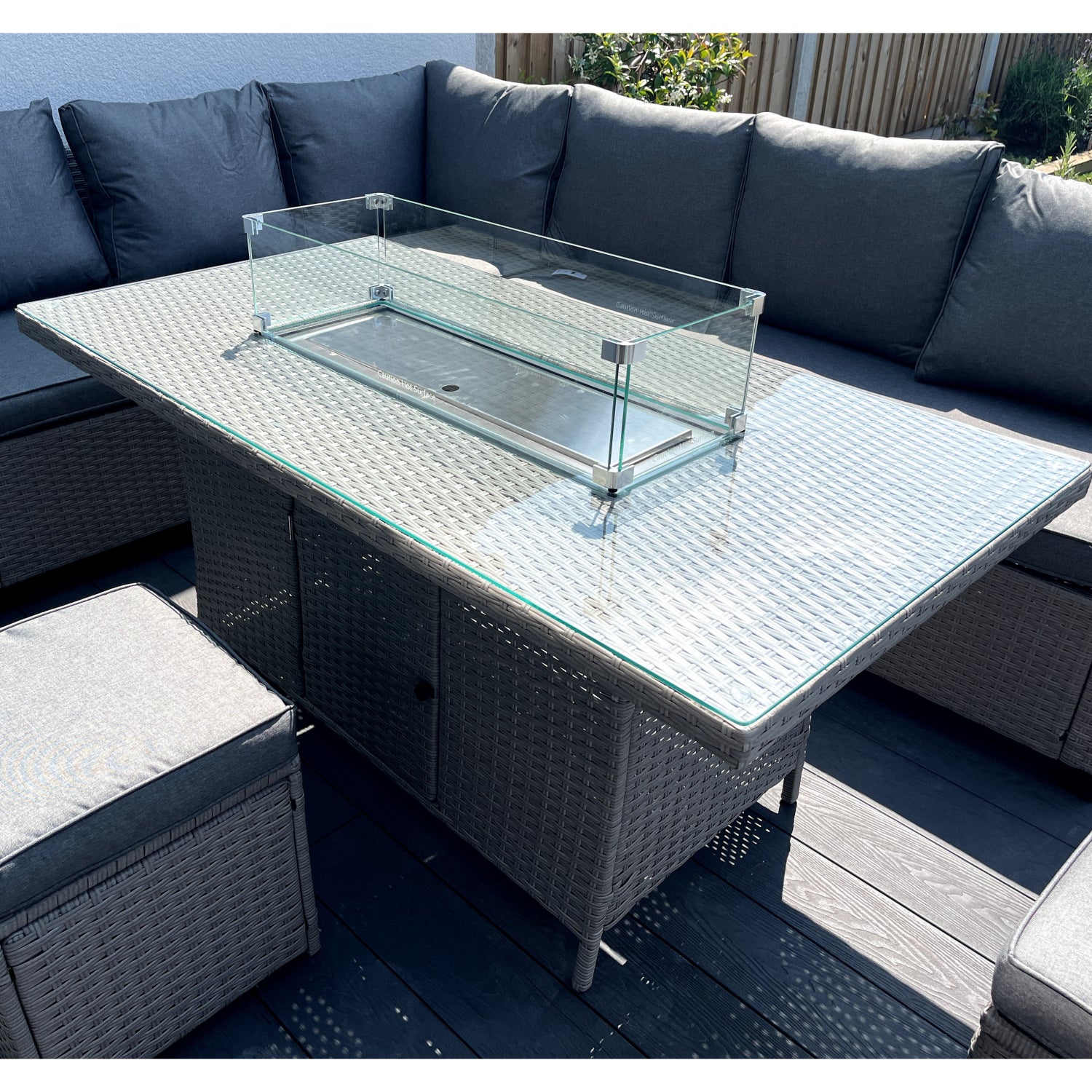 The Croft 8 Seat Corner Gas Firepit Rattan Dining Set | Grey