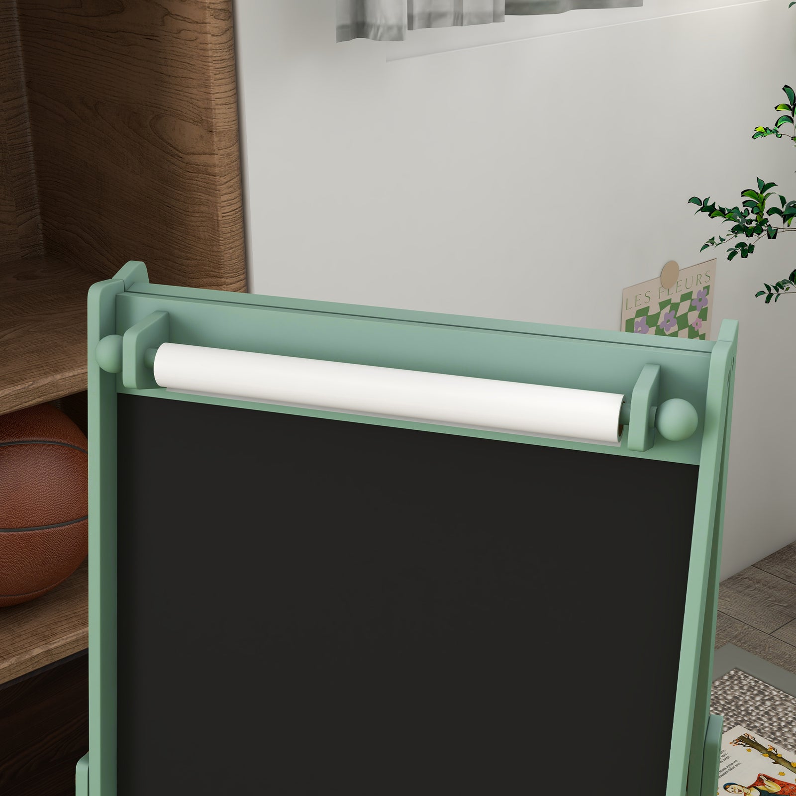 Kids Easel With Paper Roll, Blackboard, Whiteboard, Storage | Green