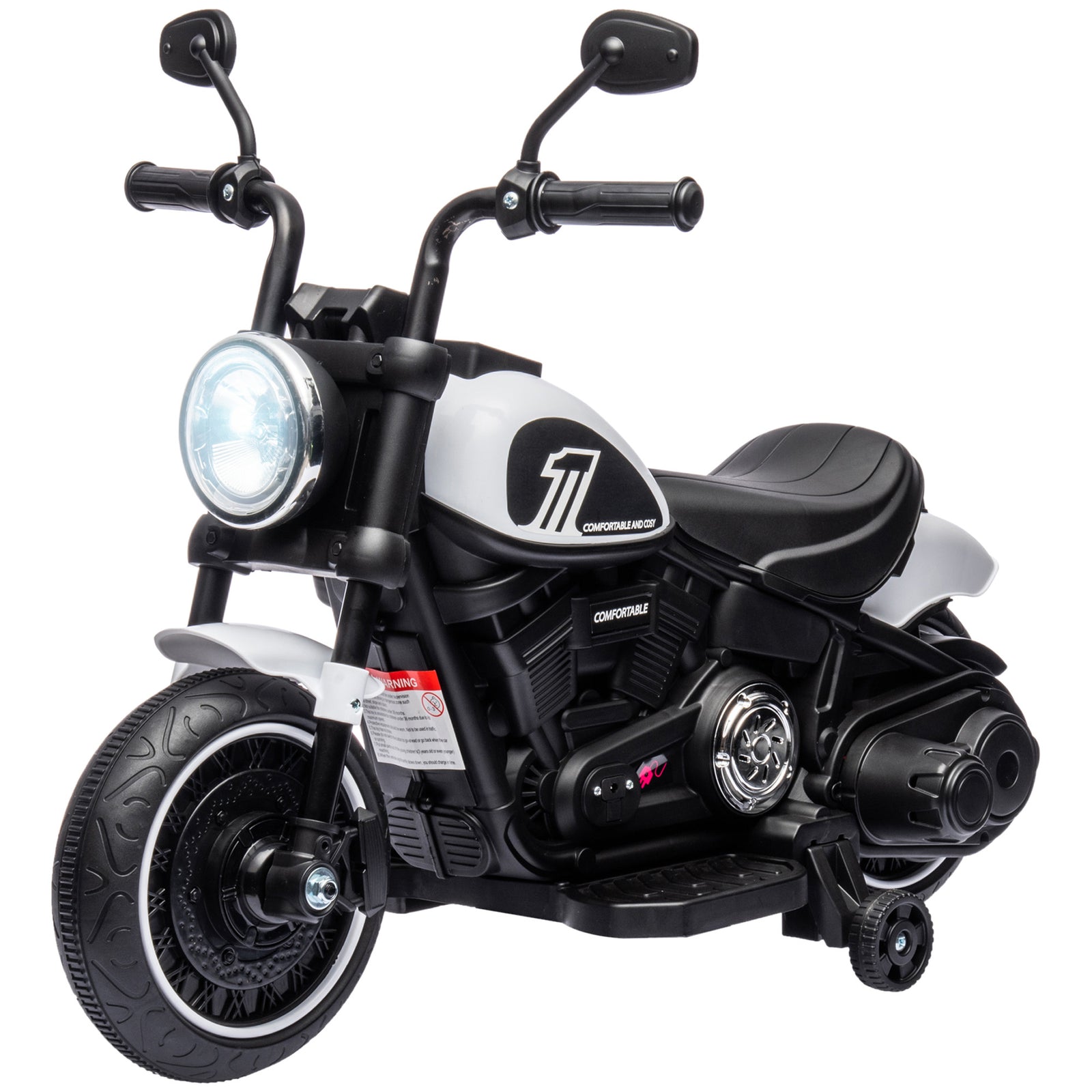 6v Electric Motorbike With Training Wheels, One-button Start | White
