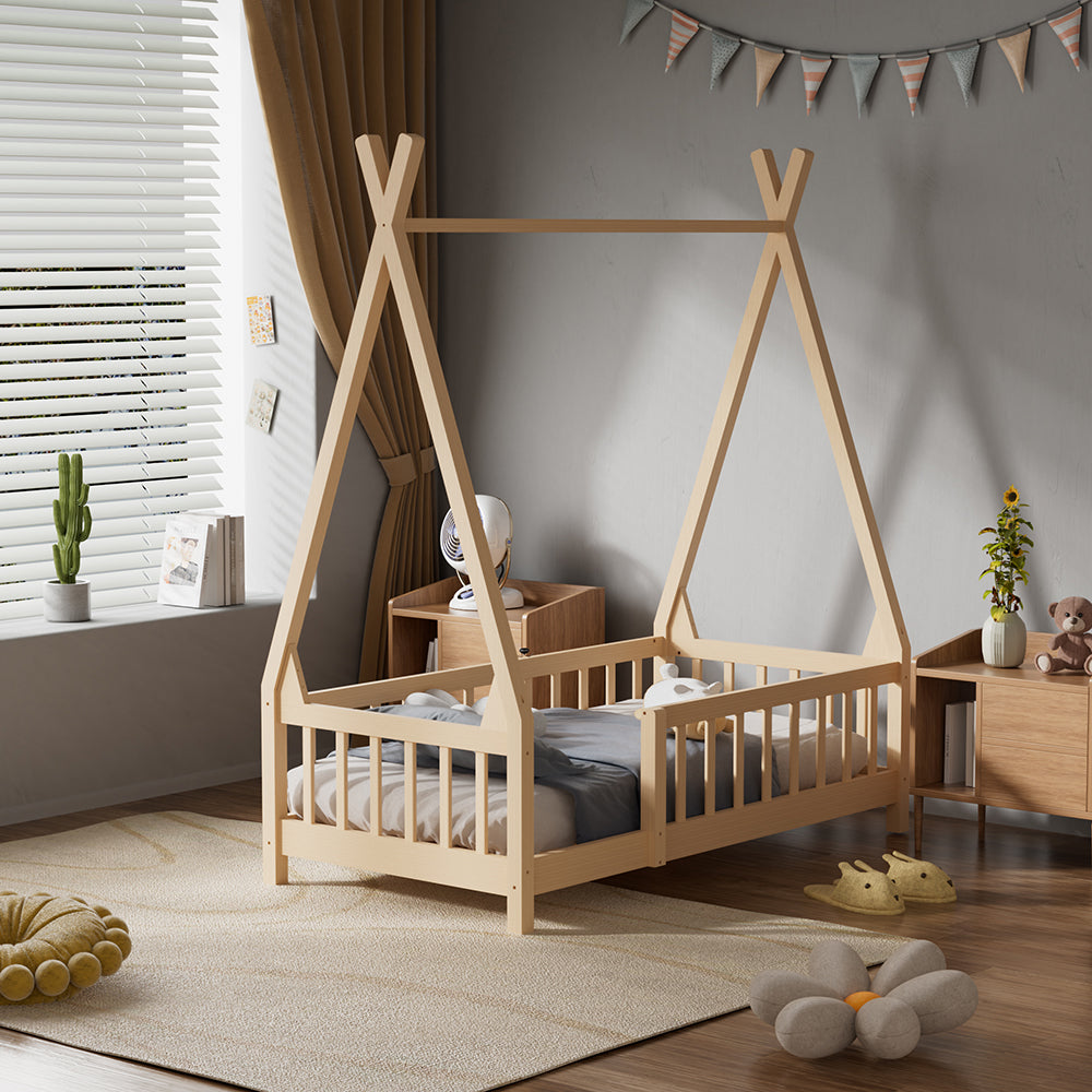 Kids Pine Wood Tent-style Bed Frame With Guardrails – 140cm X 70cm Low Design Montessori Toddler Bed For Safe And Imaginative Play
