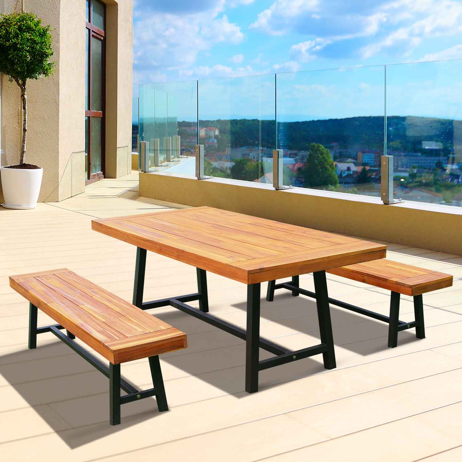 Garden 3 Pieces Acacia Wood Picnic Table And Benches