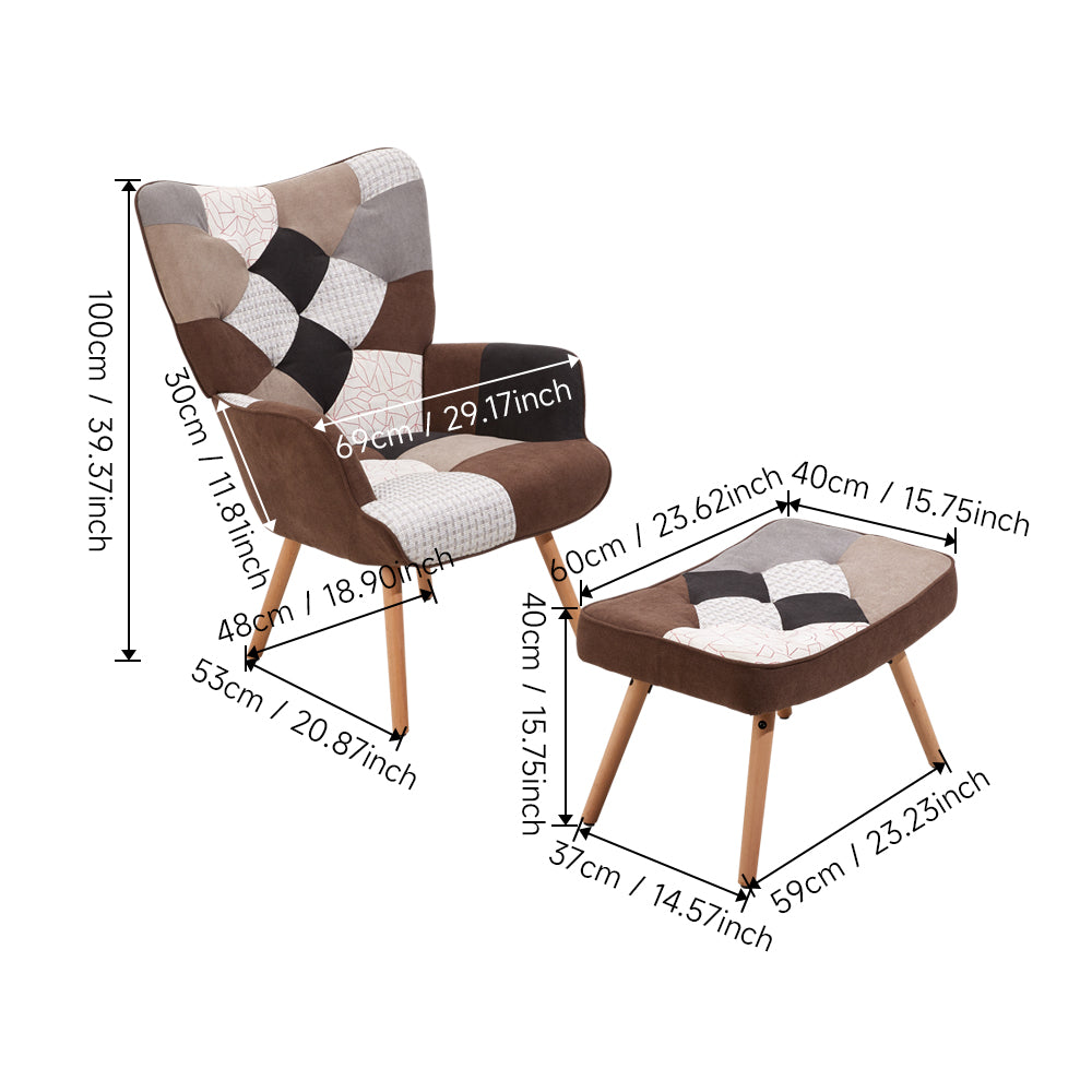 Colour Block Upholstered Wingback Armchair With Footstool
